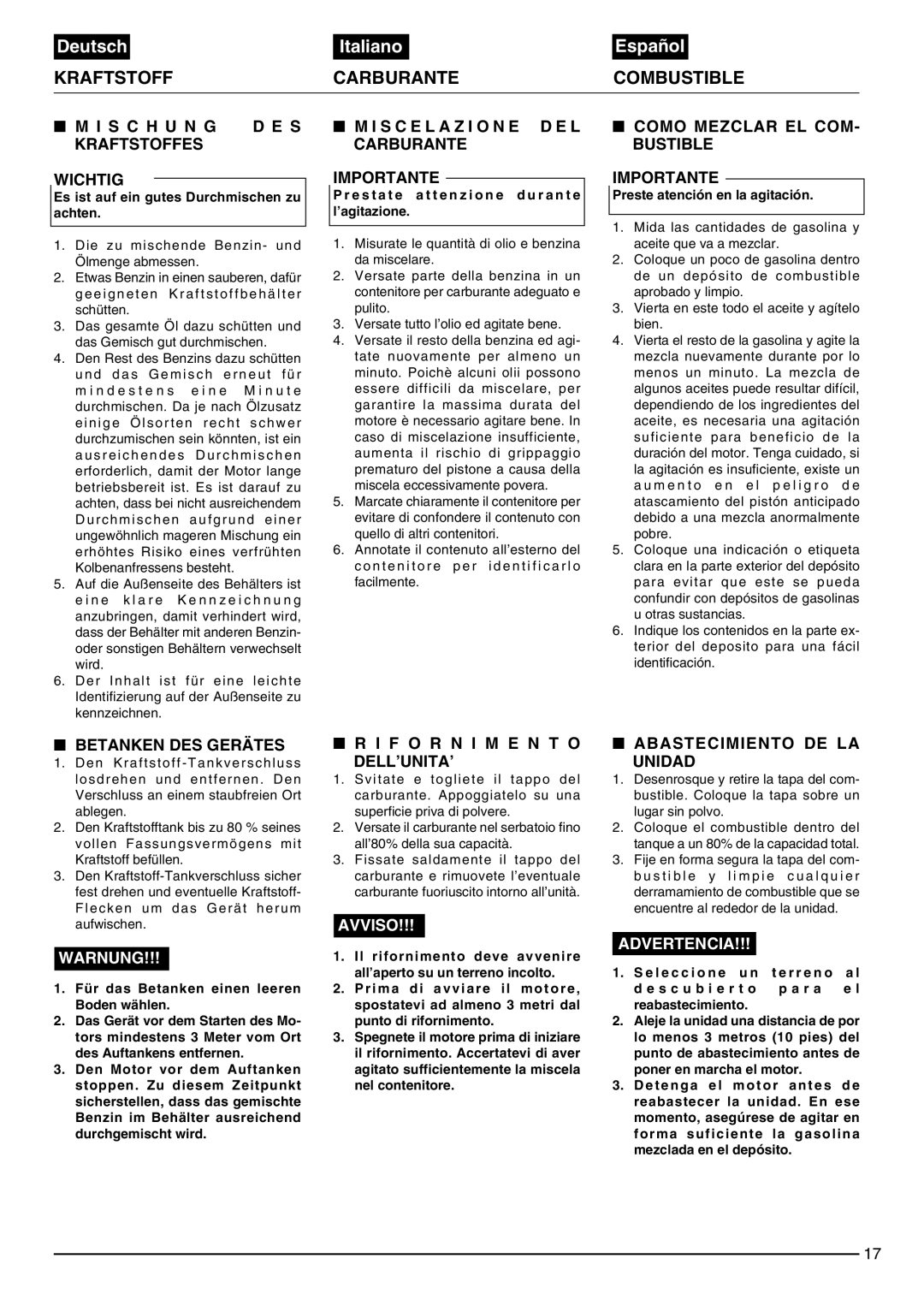 Zenoah EB440 Kraftstoffes Wichtig, Carburante Importante, Como Mezclar EL COM- Bustible Importante, Betanken DES Gerätes 