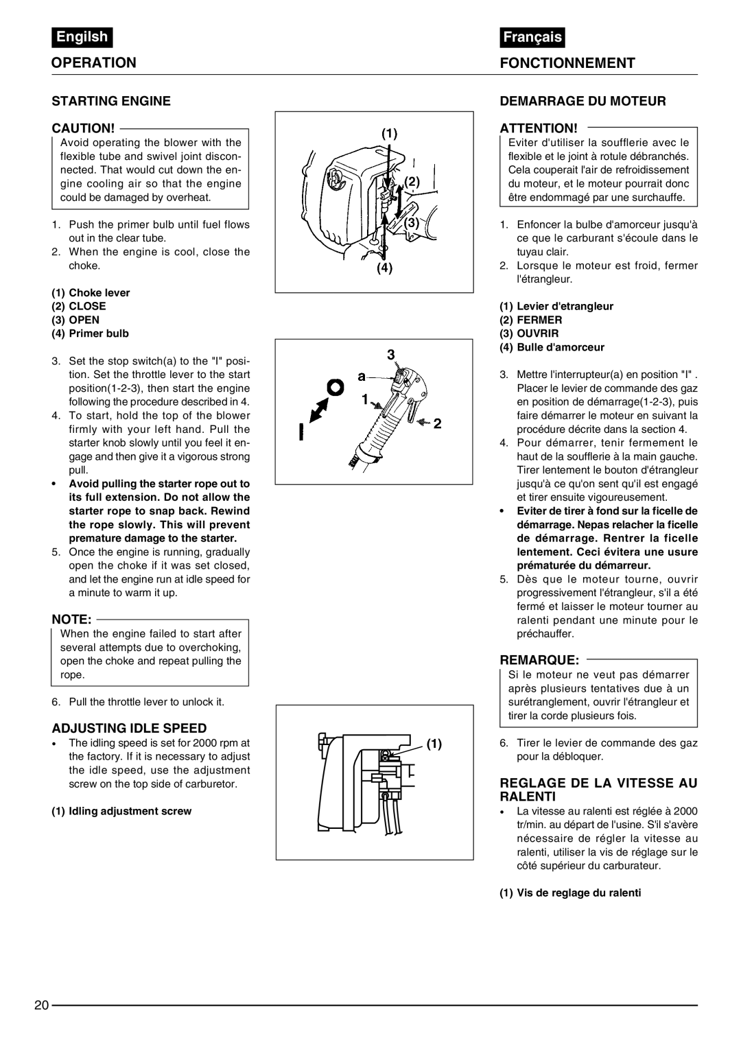 Zenoah EB430, EB440 owner manual Operation Fonctionnement, Starting Engine, Demarrage DU Moteur, Adjusting Idle Speed 