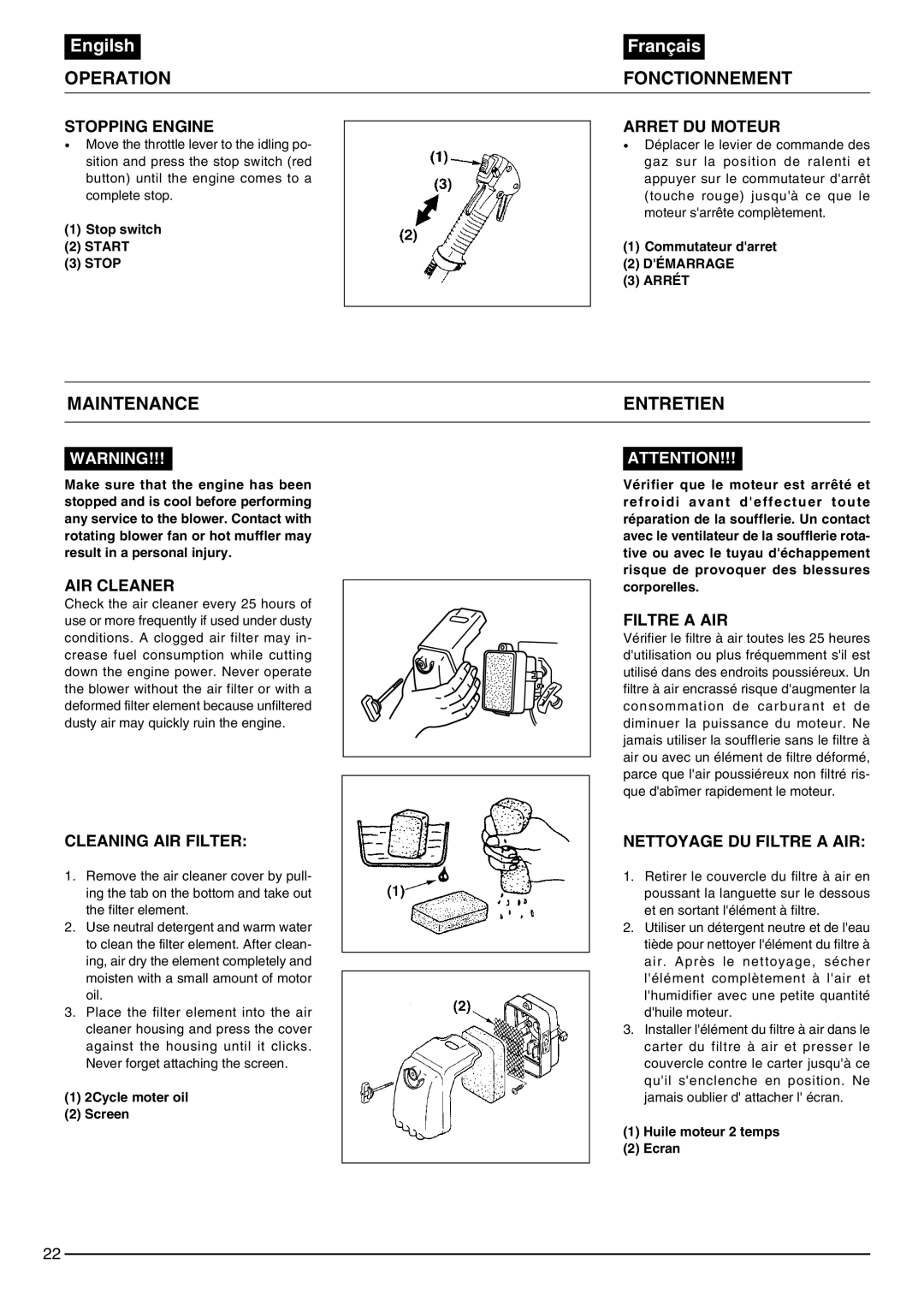 Zenoah EB430, EB440 owner manual Maintenance Entretien 