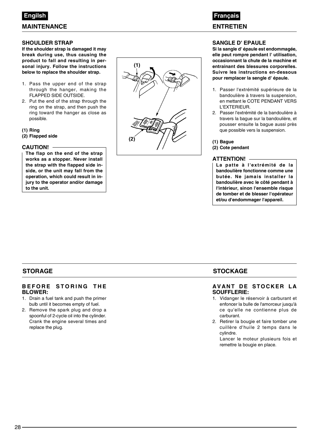 Zenoah EB430, EB440 owner manual Storage Stockage, Shoulder Strap, Sangle D Epaule, F O R E S T O R I N G T H E Blower 