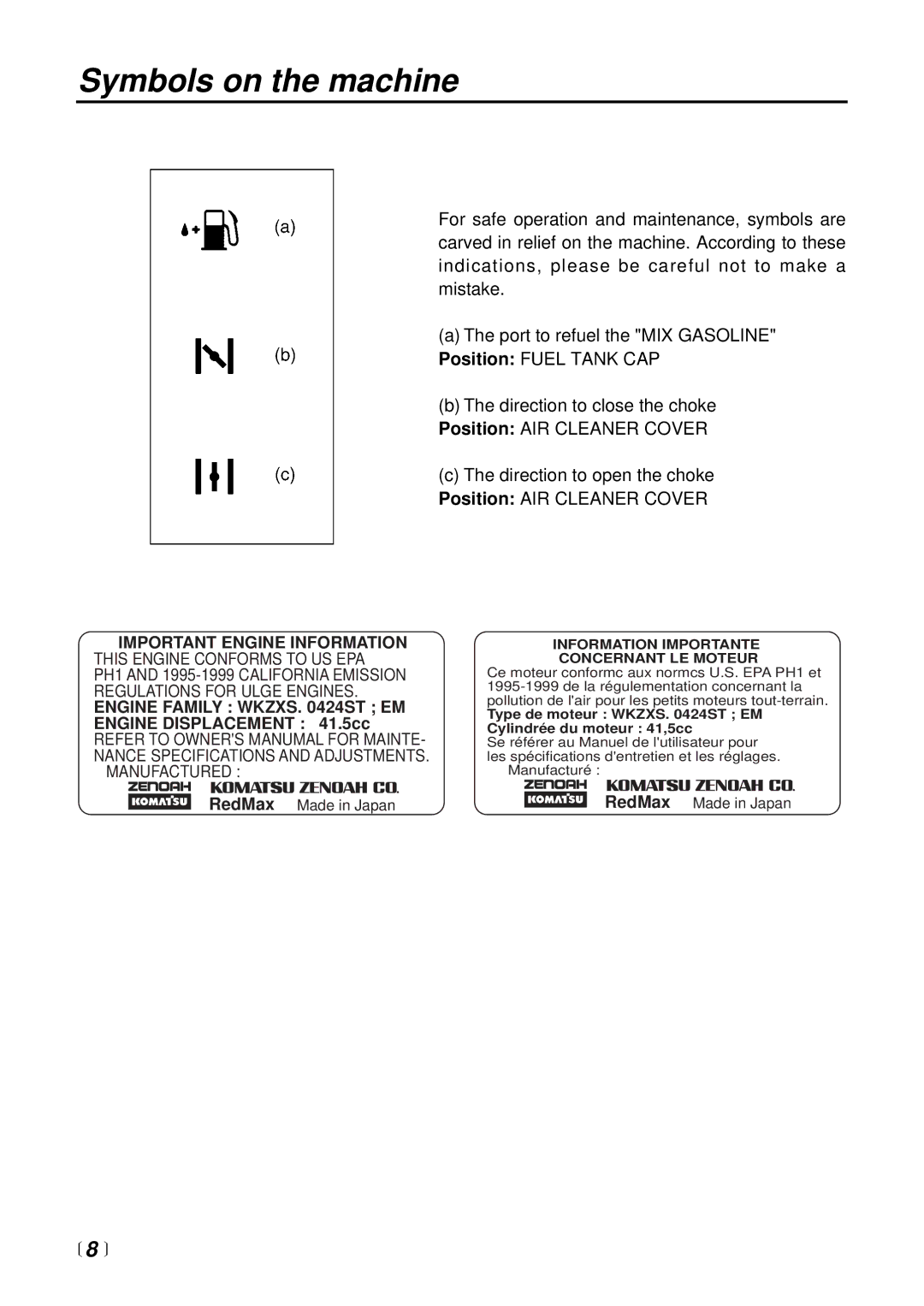 Zenoah EB4400 manual Symbols on the machine, Important Engine Information 