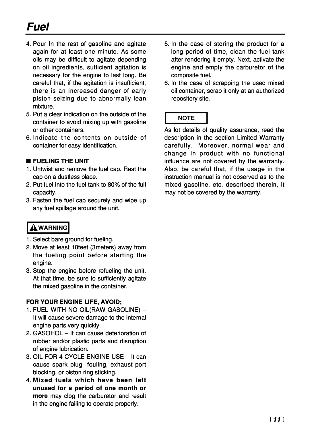 Zenoah EB4401 manual  11 , Fueling The Unit, For Your Engine Life, Avoid 