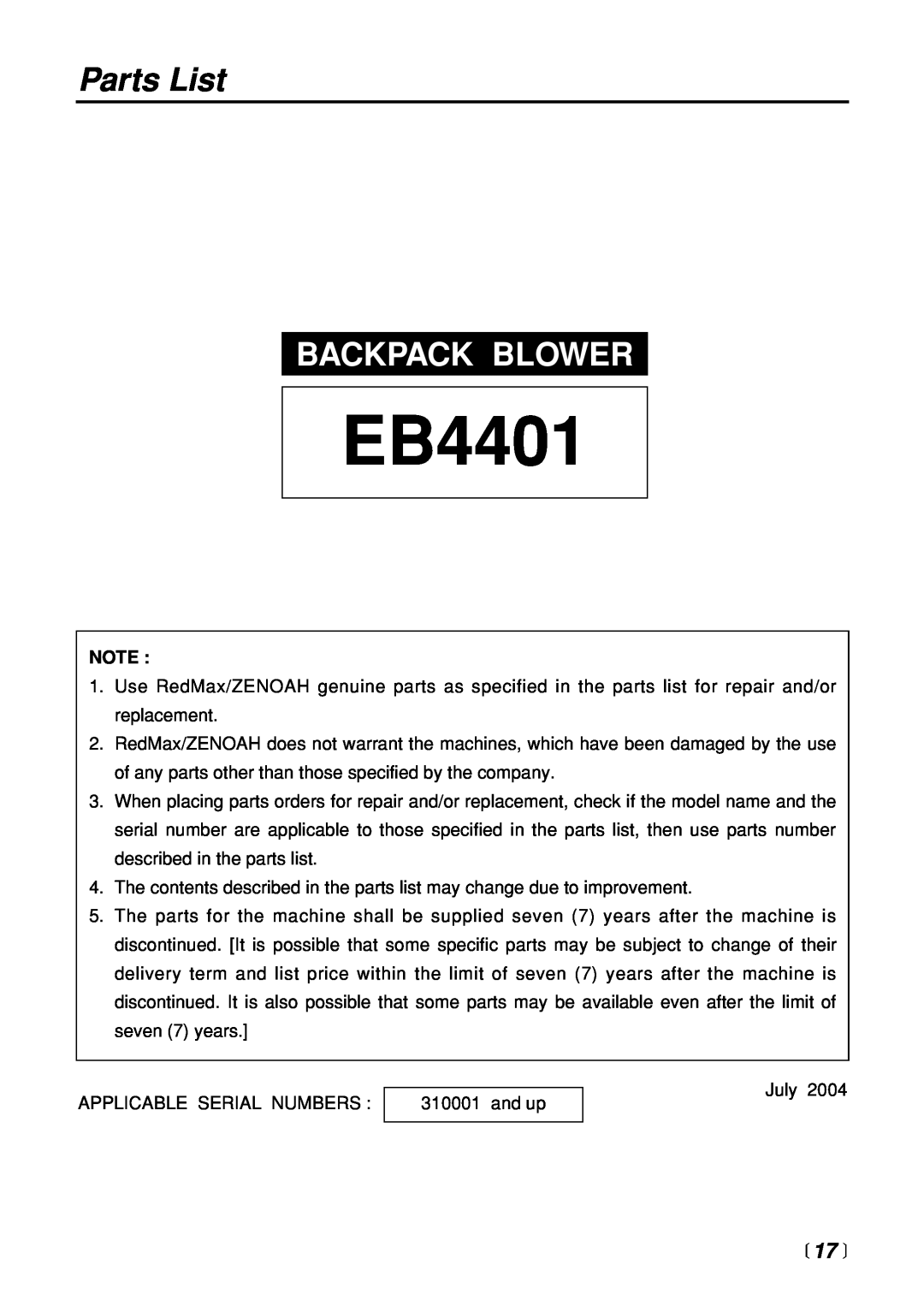 Zenoah EB4401 manual Parts List, Backpack Blower,  17  
