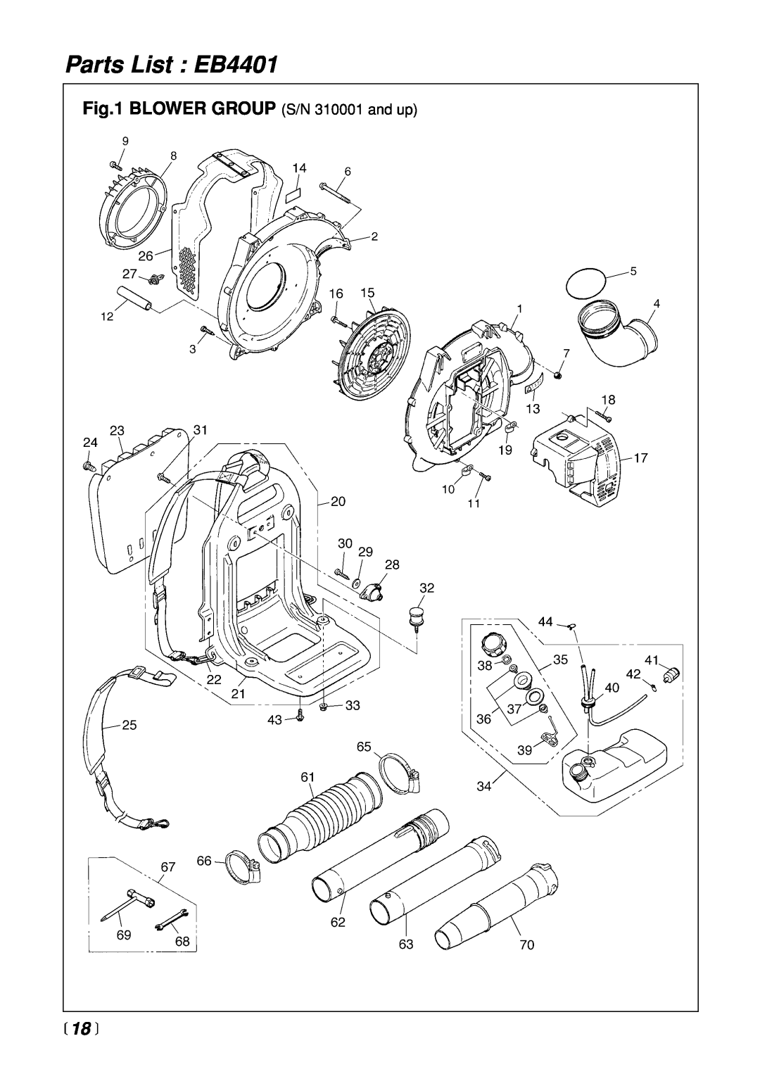 Zenoah manual Parts List EB4401, BLOWER GROUP S/N 310001 and up,  18  