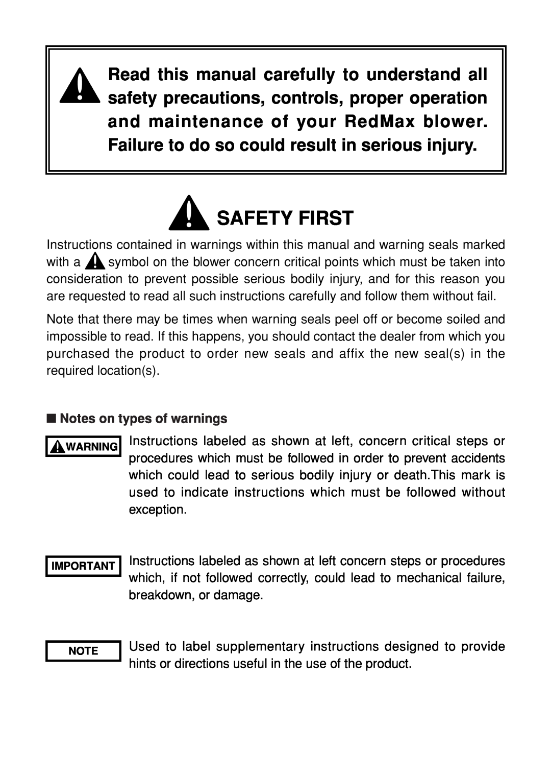 Zenoah EB4401 manual Safety First, Notes on types of warnings 