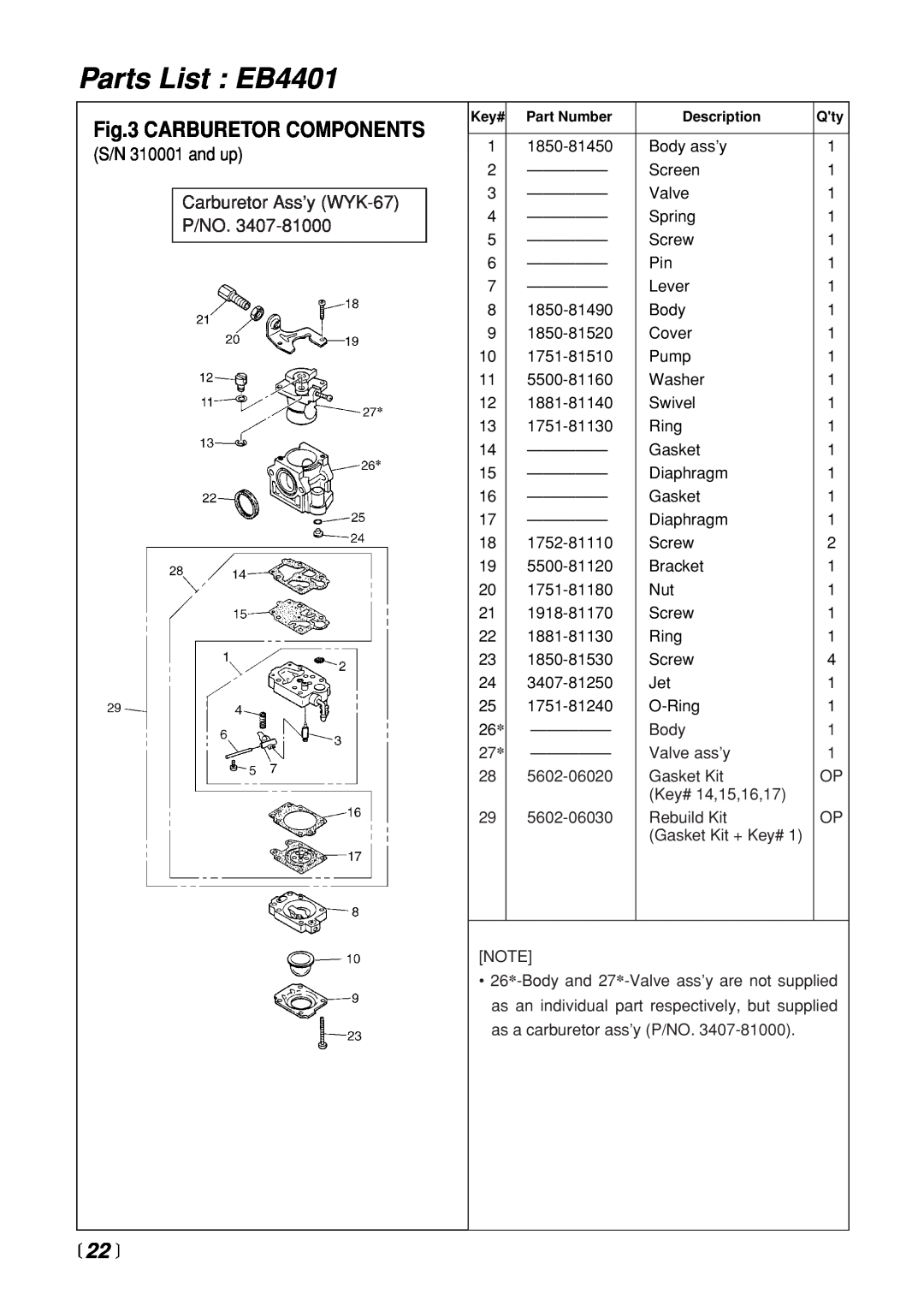 Zenoah manual Parts List EB4401, Carburetor Components,  22  