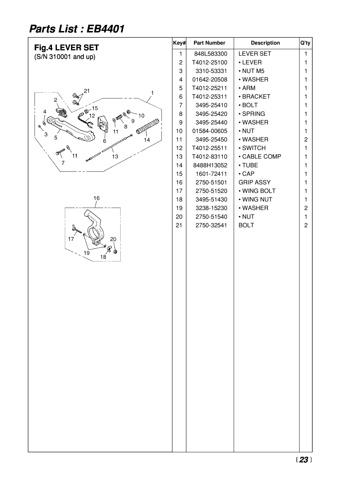 Zenoah manual Parts List EB4401, Lever Set,  23  