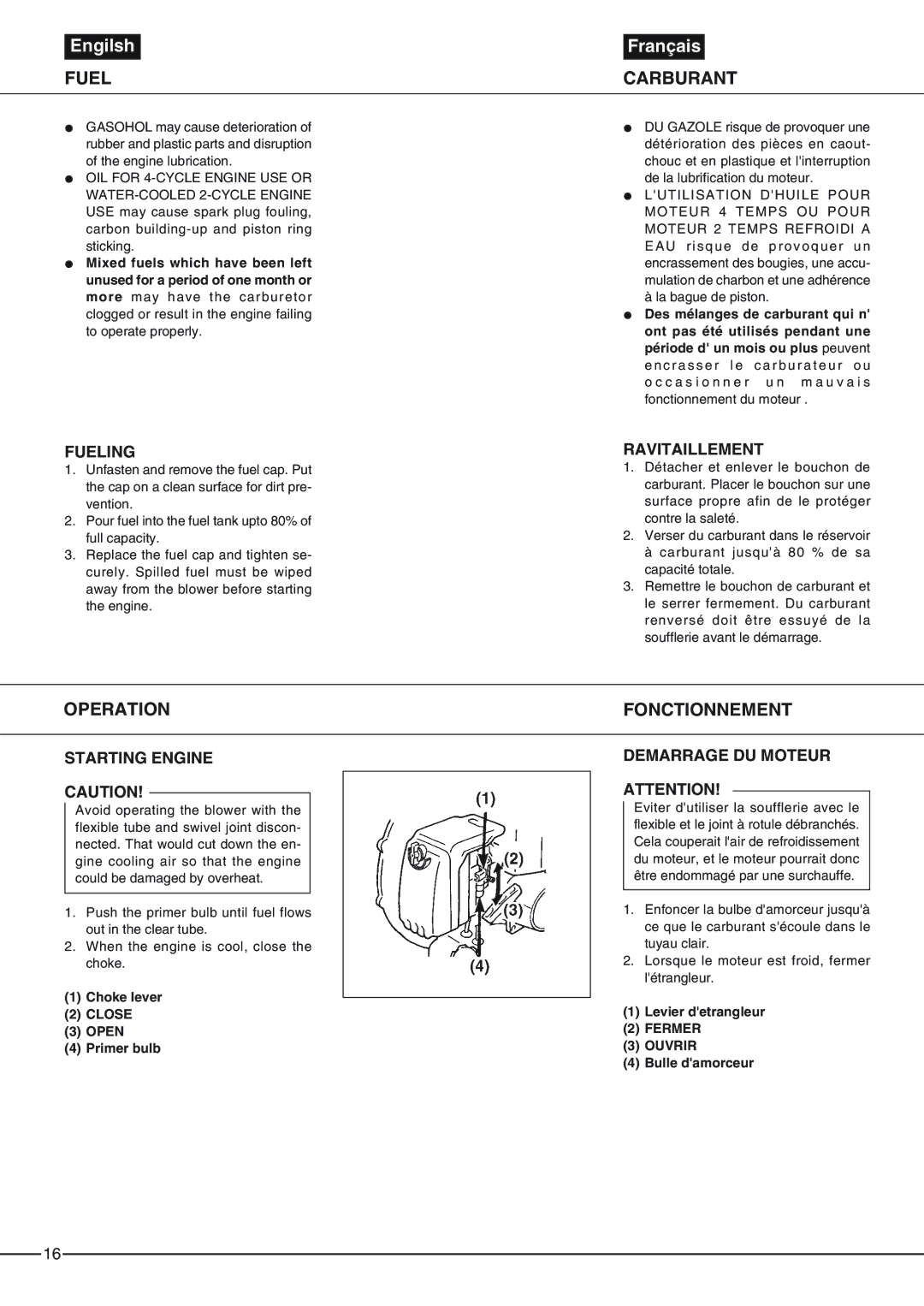 Zenoah EB6200, EB4300 owner manual Fuel, Operation Fonctionnement 