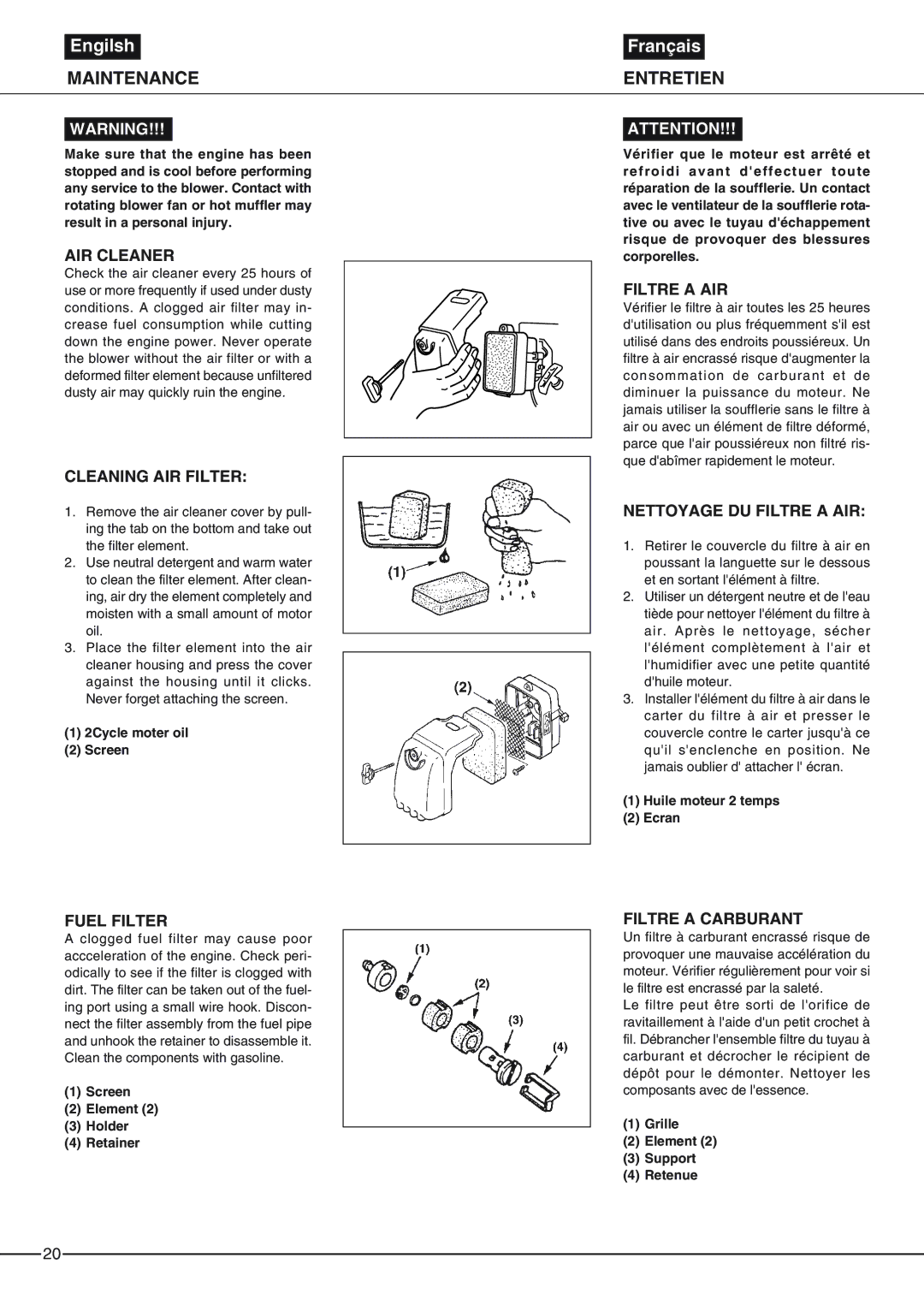 Zenoah EB6200, EB4300 owner manual Maintenance, Entretien 