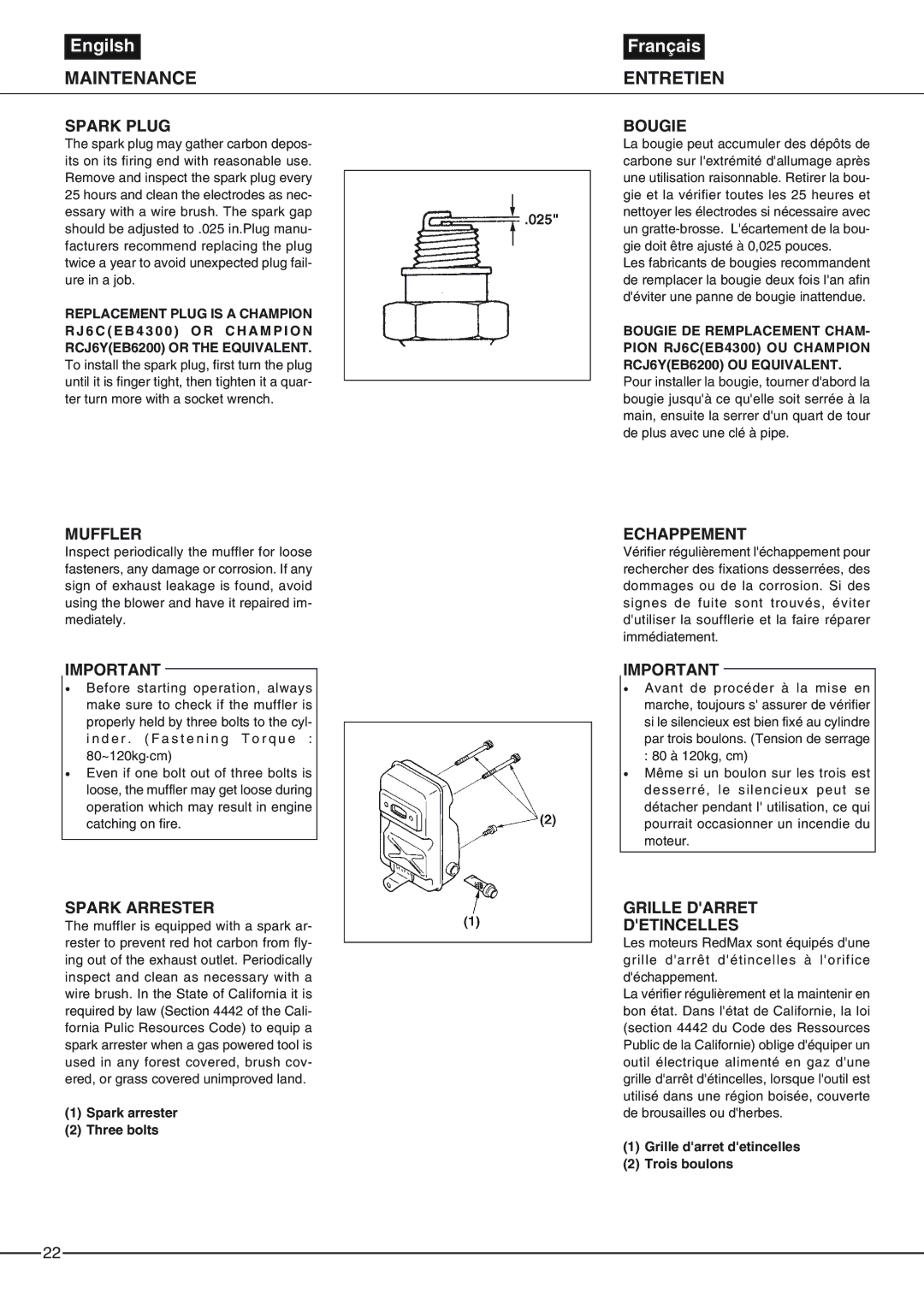 Zenoah EB6200, EB4300 owner manual Spark Plug, Muffler, Spark Arrester, Bougie, Echappement, Grille Darret Detincelles 