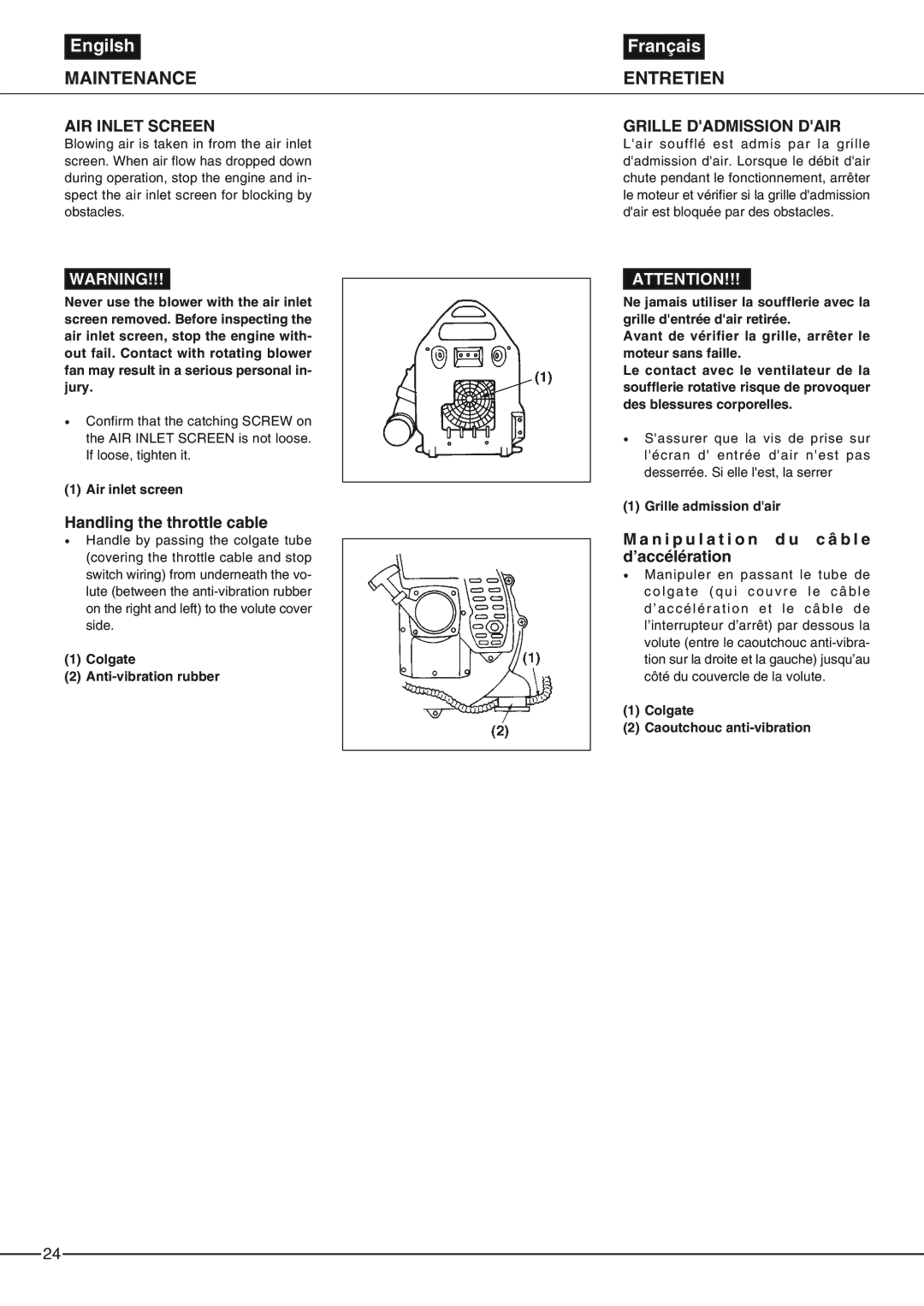 Zenoah EB6200, EB4300 AIR Inlet Screen, Grille Dadmission Dair, Colgate Anti-vibration rubber, Grille admission dair 