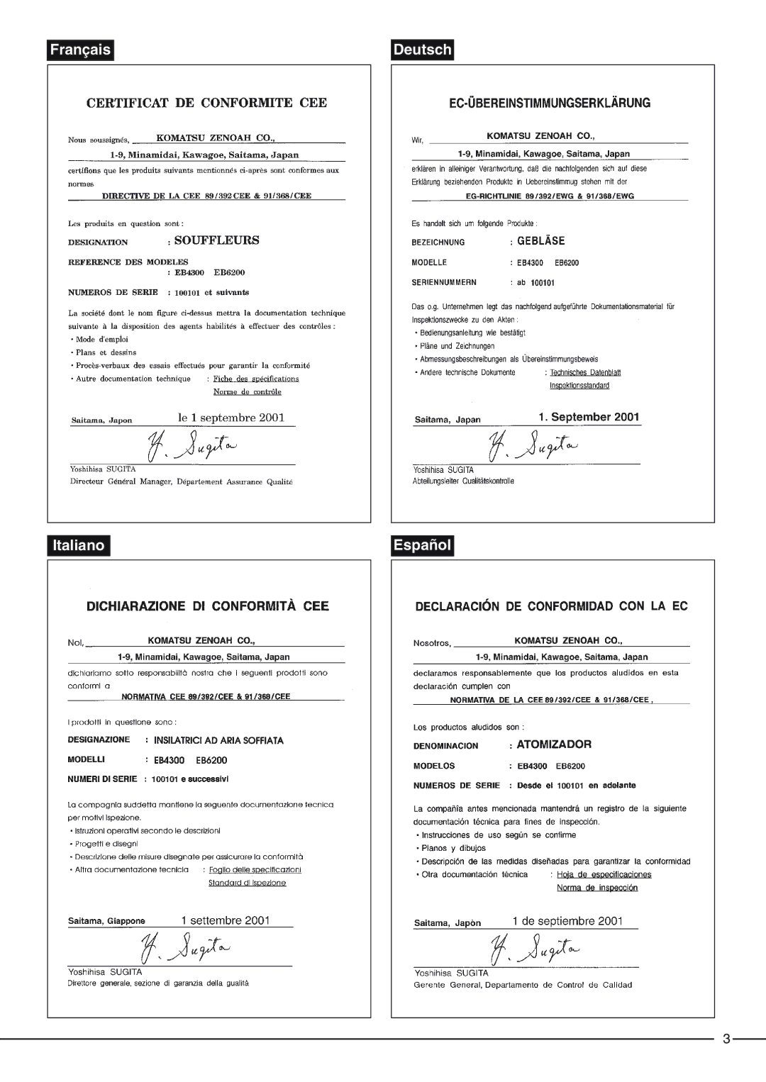 Zenoah EB4300, EB6200 owner manual Français Italiano Deutsch Español 