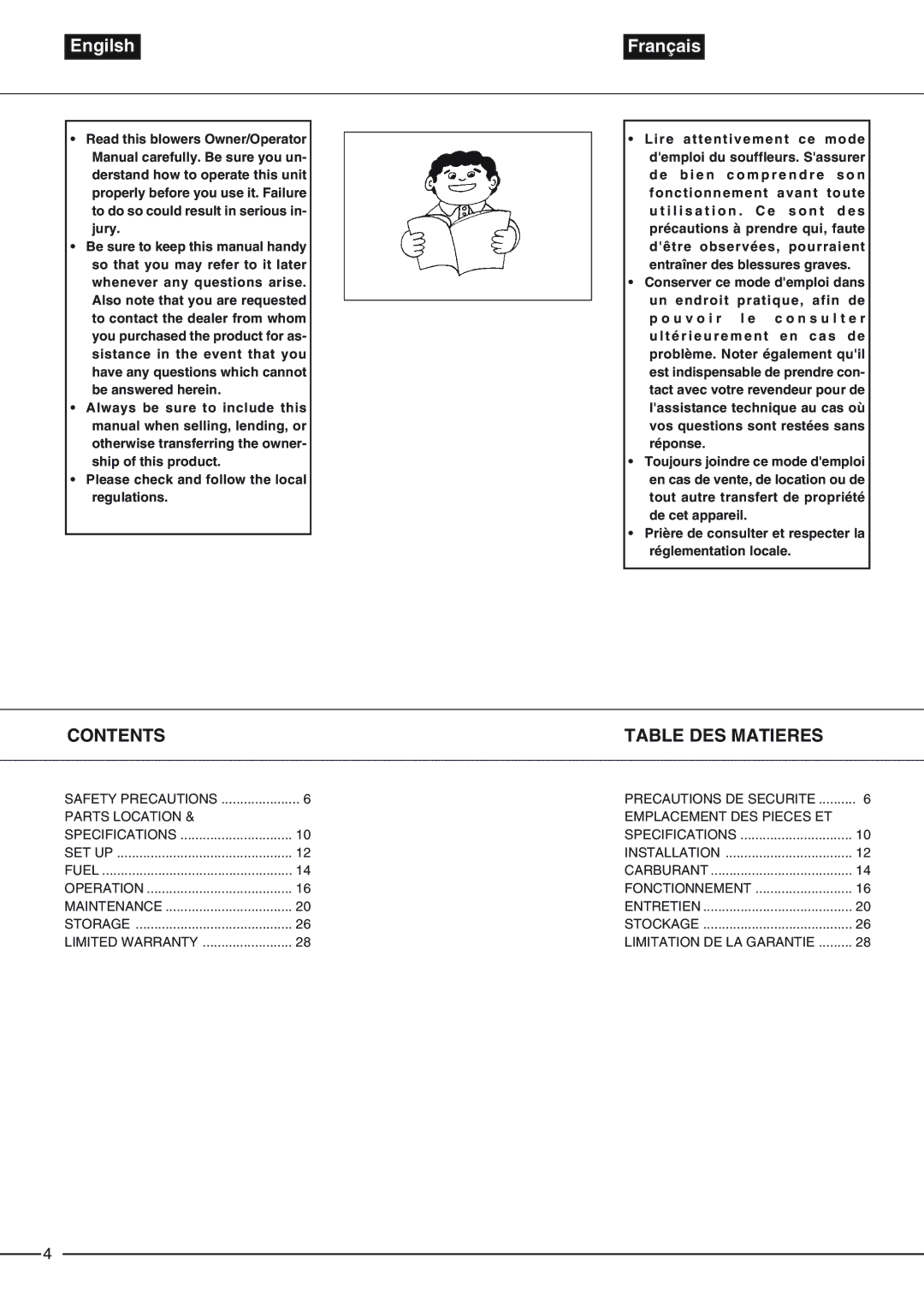 Zenoah EB6200, EB4300 owner manual Contents, Table DES Matieres 