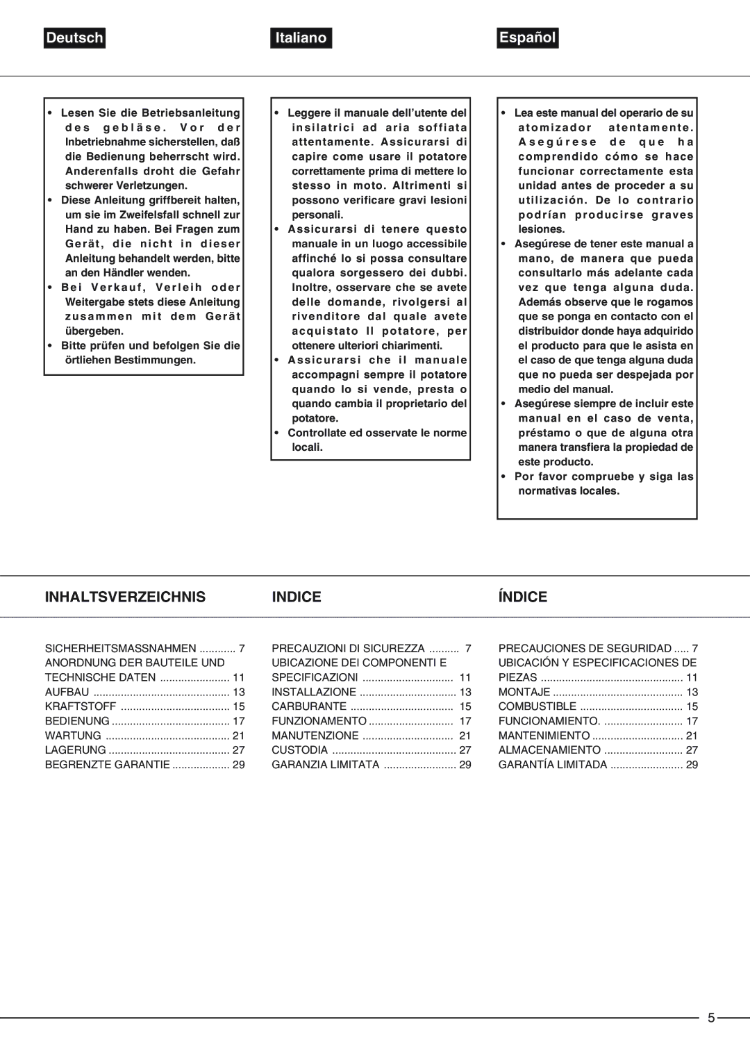 Zenoah EB4300, EB6200 owner manual Inhaltsverzeichnis Indice Índice, Anordnung DER Bauteile UND, Ubicazione DEI Componenti E 