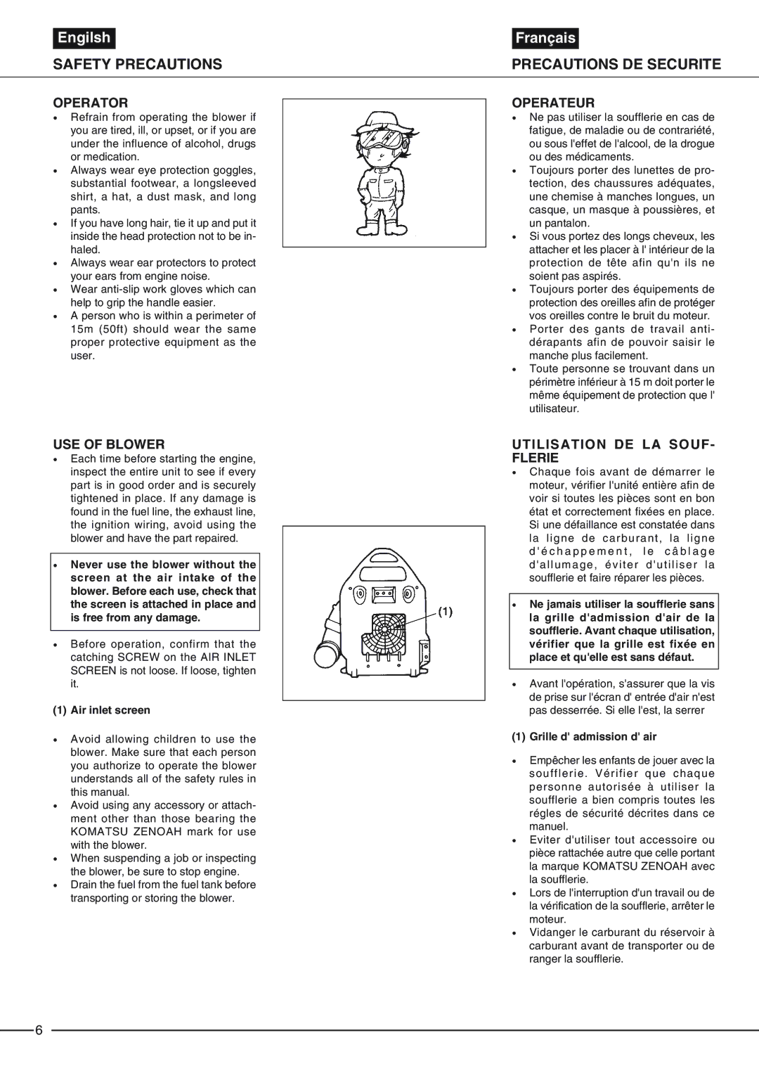 Zenoah EB6200, EB4300 owner manual Safety Precautions, Precautions DE Securite 