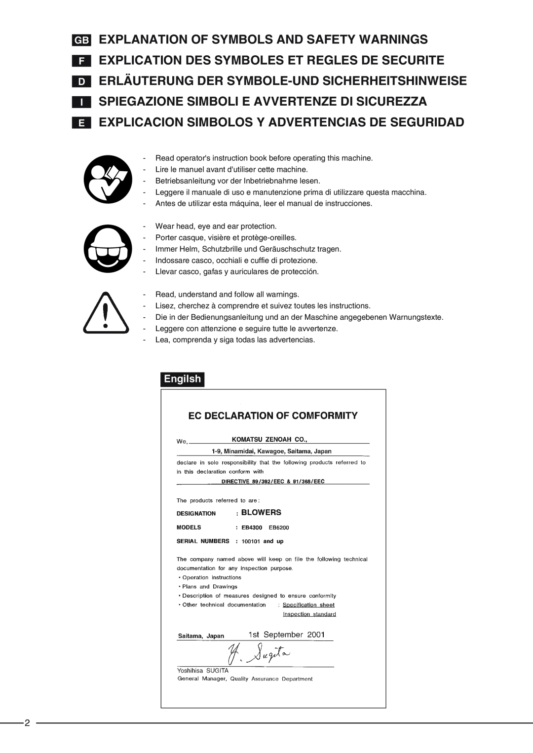 Zenoah EB6200 Gb Explanation Of Symbols And Safety Warnings, Fexplication Des Symboles Et Regles De Securite, Engilsh 
