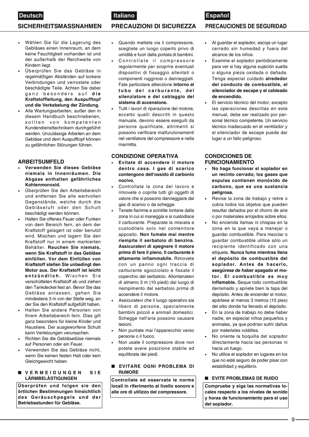 Zenoah EB4300 Arbeitsumfeld, Condizione Operativa, Condiciones De Funcionamiento, Deutsch, Sicherheitsmassnahmen, Italiano 