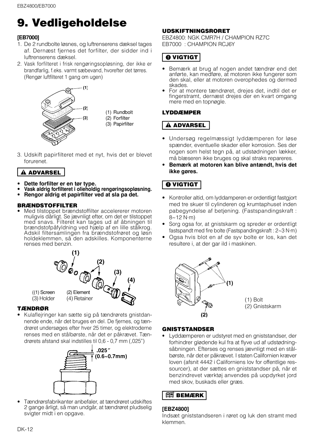 Zenoah EB7000 manual Brændstoffilter, Udskiftningsroret, Lyddæmper, Tændrør, Gniststandser 