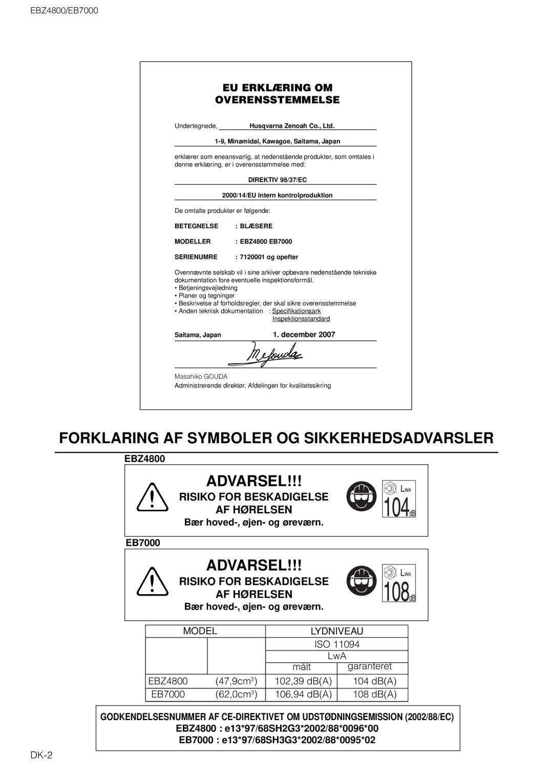 Zenoah manual EBZ4800, Bær hoved-, øjen- og øreværn EB7000 