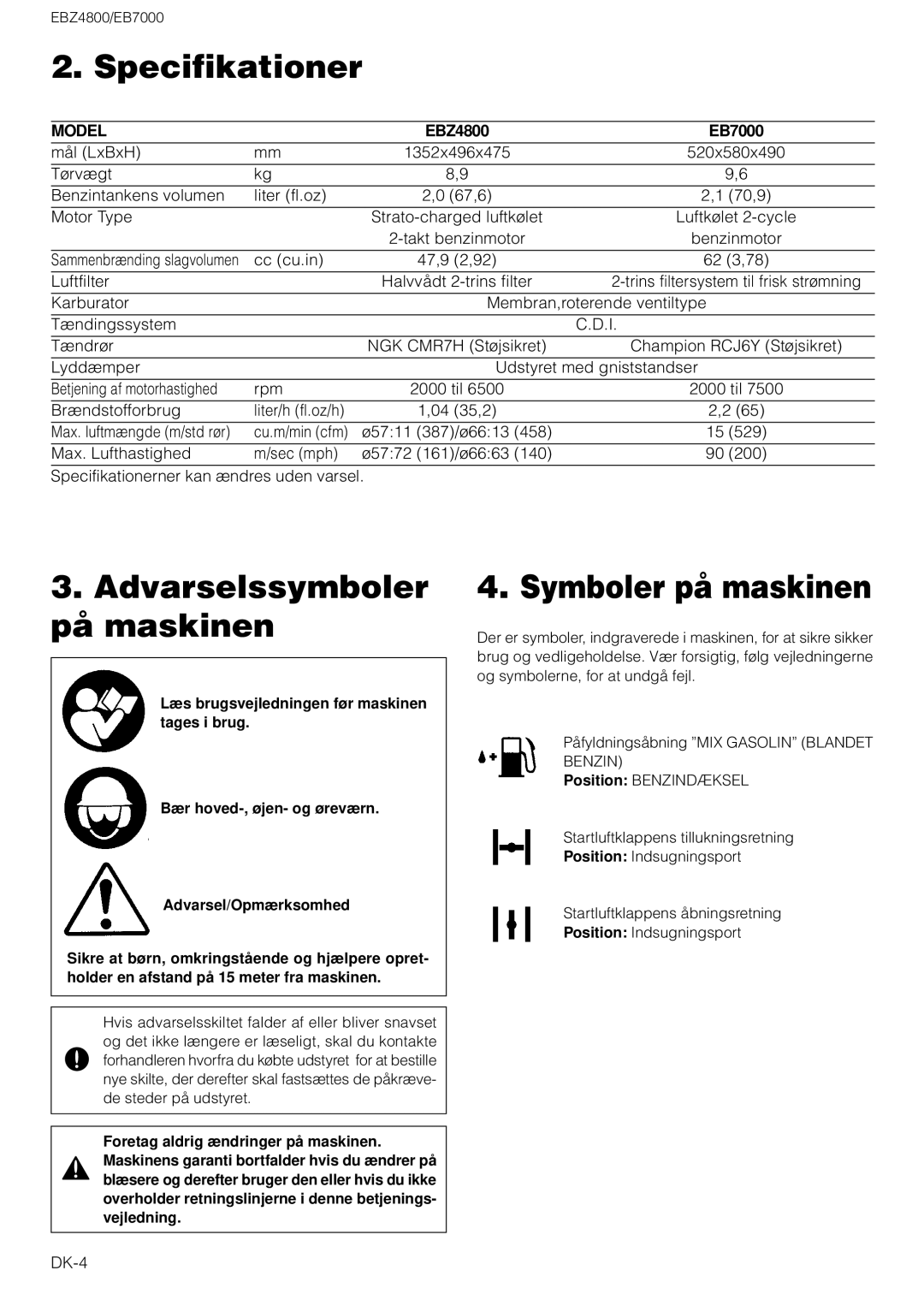 Zenoah EB7000 manual Specifikationer, Symboler på maskinen, Model 