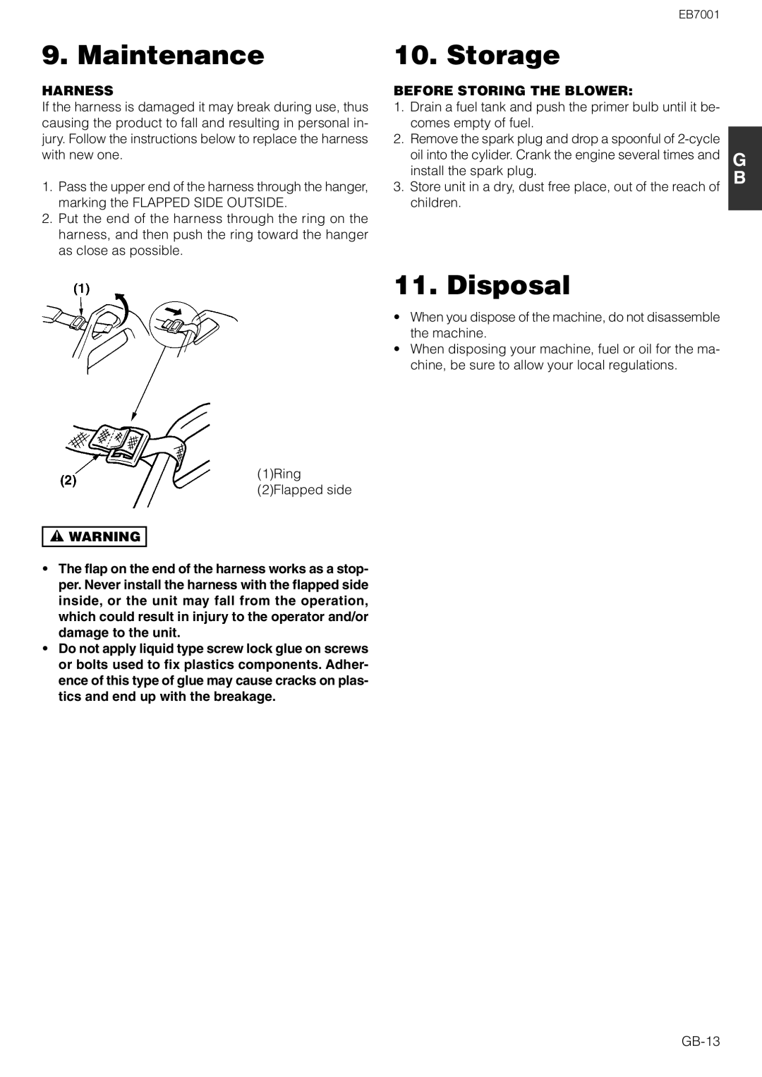 Zenoah EB7001 owner manual Storage, Disposal, Harness, Before Storing the Blower 