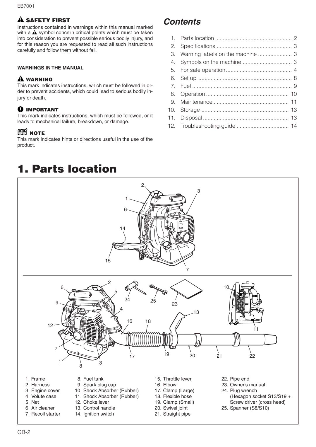 Zenoah EB7001 owner manual Parts location, Contents 