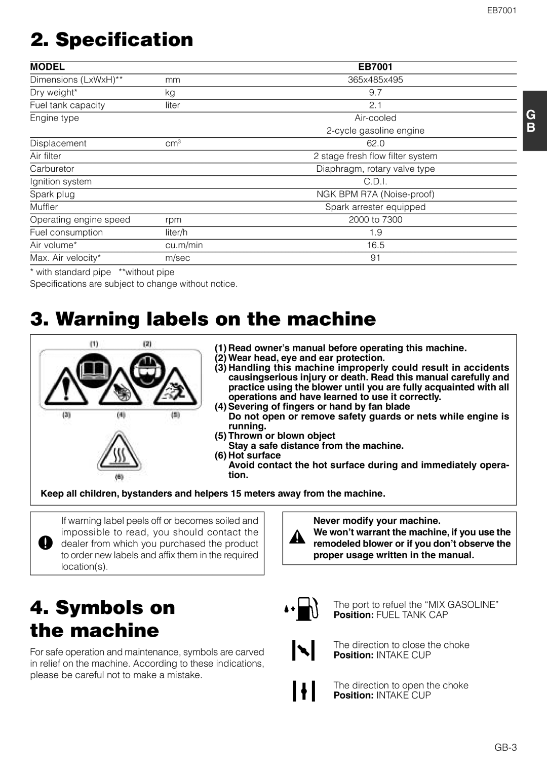 Zenoah EB7001 owner manual Specification, Symbols on the machine, Model, Position Intake CUP 