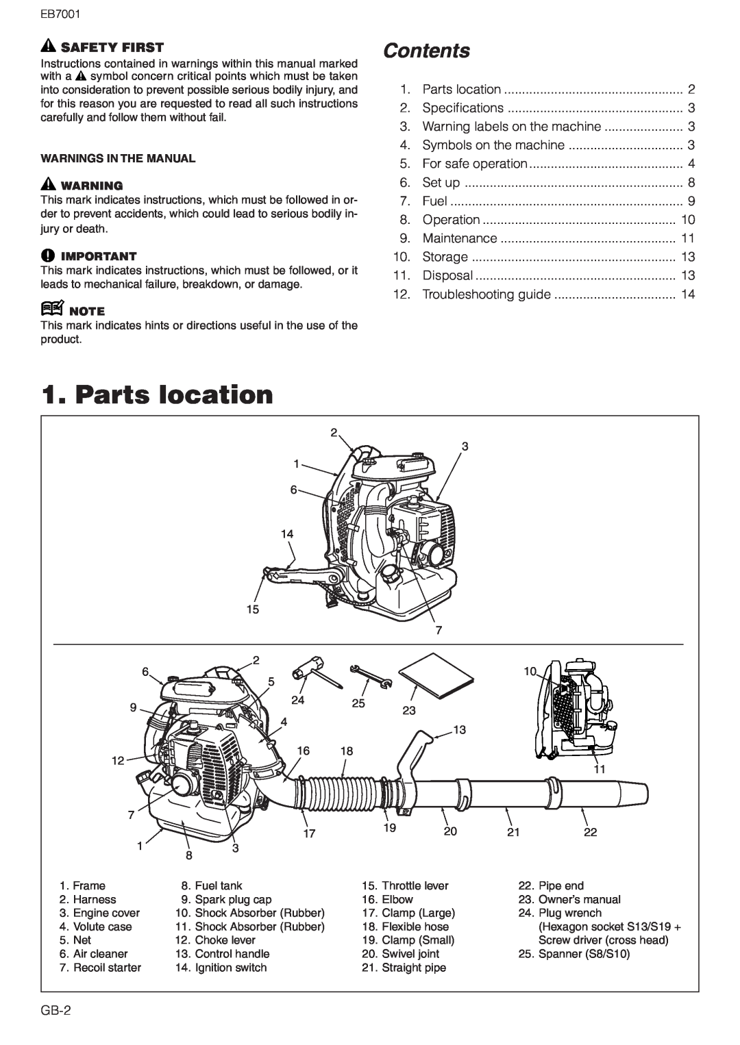 Zenoah EB7001 owner manual Parts location, Safety First, Contents 