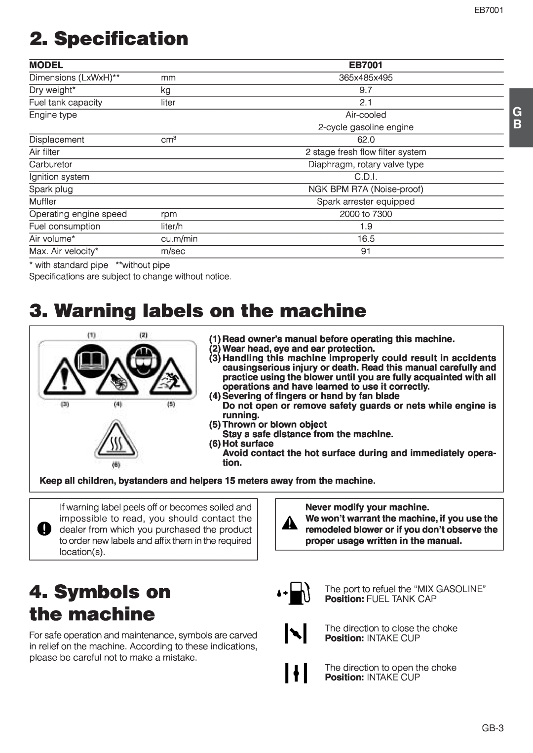 Zenoah EB7001 Specification, Warning labels on the machine, Symbols on the machine, Model, 5Thrown or blown object 