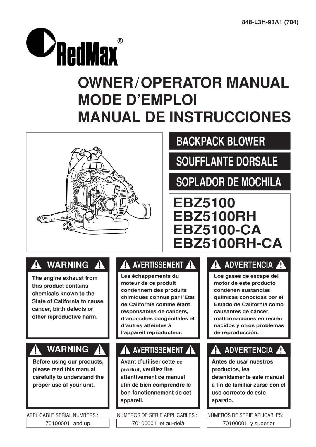 Zenoah EBZ100-CA, EBZ100RH manual OWNER/OPERATOR Manual Mode D’EMPLOI Manual DE Instrucciones 