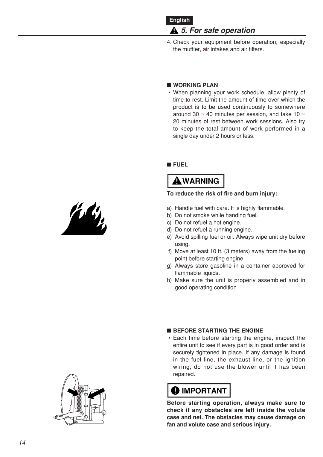 Zenoah EBZ100RH, EBZ100-CA manual Working Plan, Fuel, To reduce the risk of fire and burn injury, Before Starting the Engine 