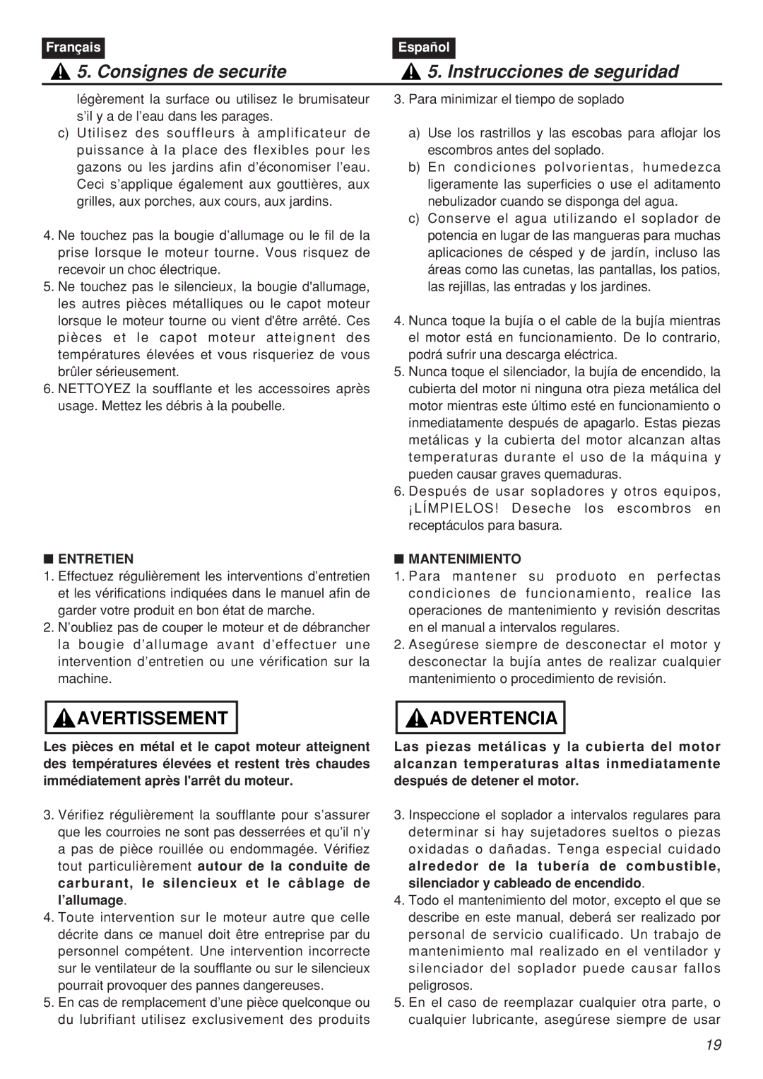 Zenoah EBZ100-CA, EBZ100RH manual Entretien, Mantenimiento 