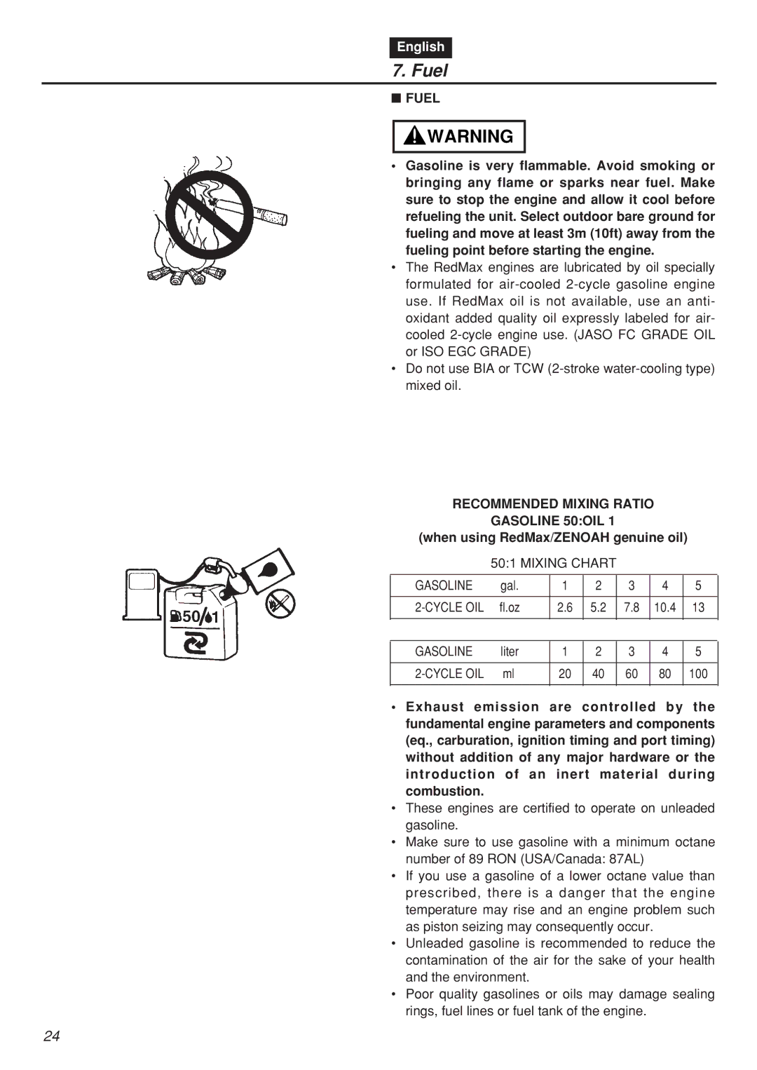 Zenoah EBZ100RH, EBZ100-CA manual Fuel, Recommended Mixing Ratio Gasoline 50OIL, When using RedMax/ZENOAH genuine oil 