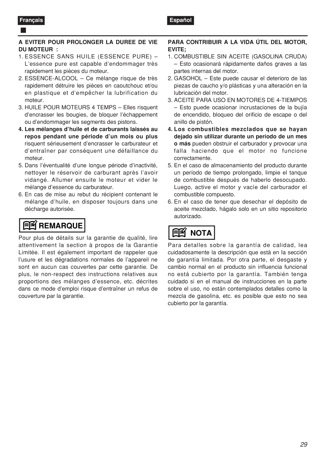 Zenoah EBZ100-CA manual Eviter Pour Prolonger LA Duree DE VIE DU Moteur, Para Contribuir a LA Vida Útil DEL MOTOR, Evite 