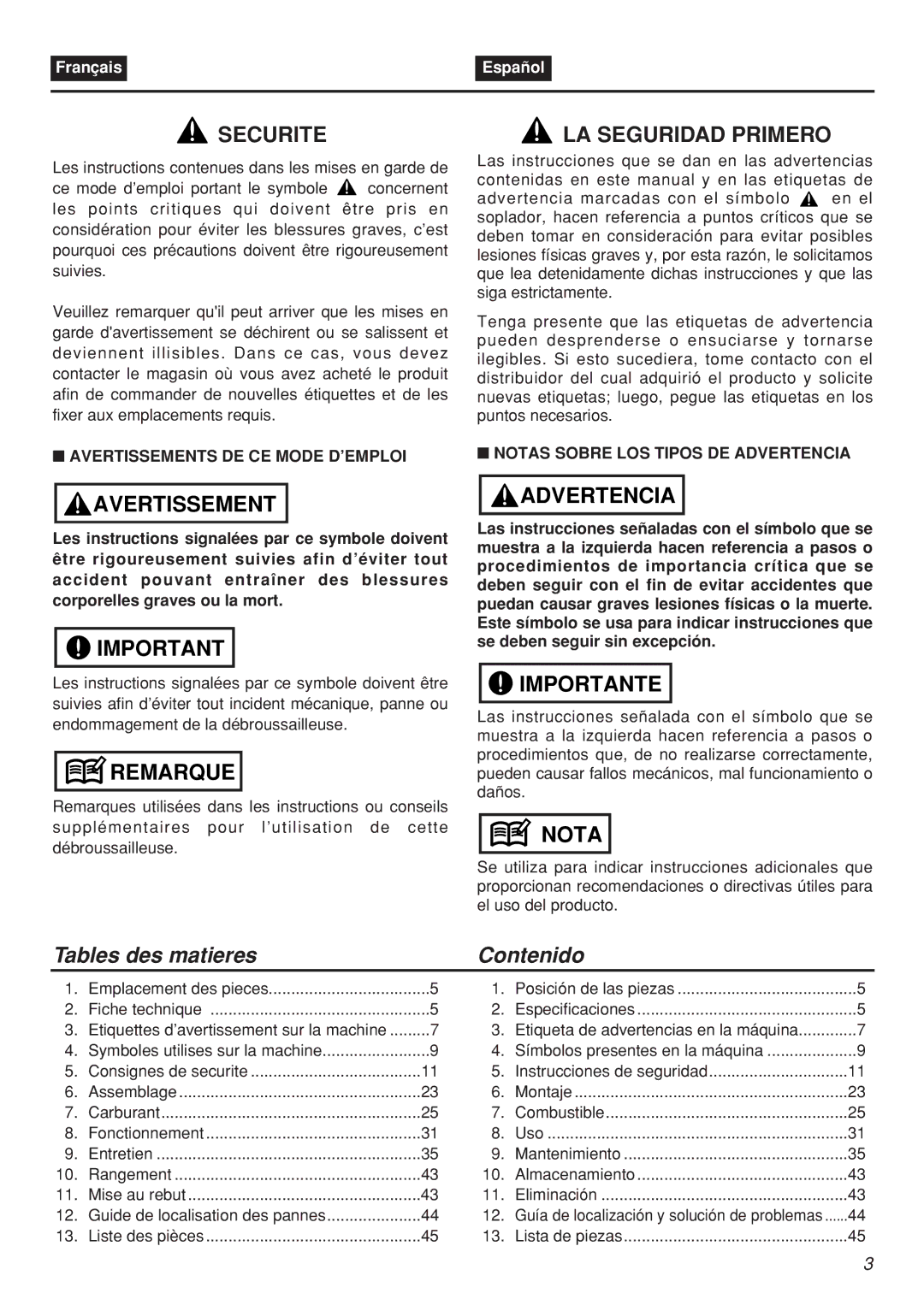 Zenoah EBZ100-CA Tables des matieres Contenido, Avertissements DE CE Mode D’EMPLOI, Notas Sobre LOS Tipos DE Advertencia 