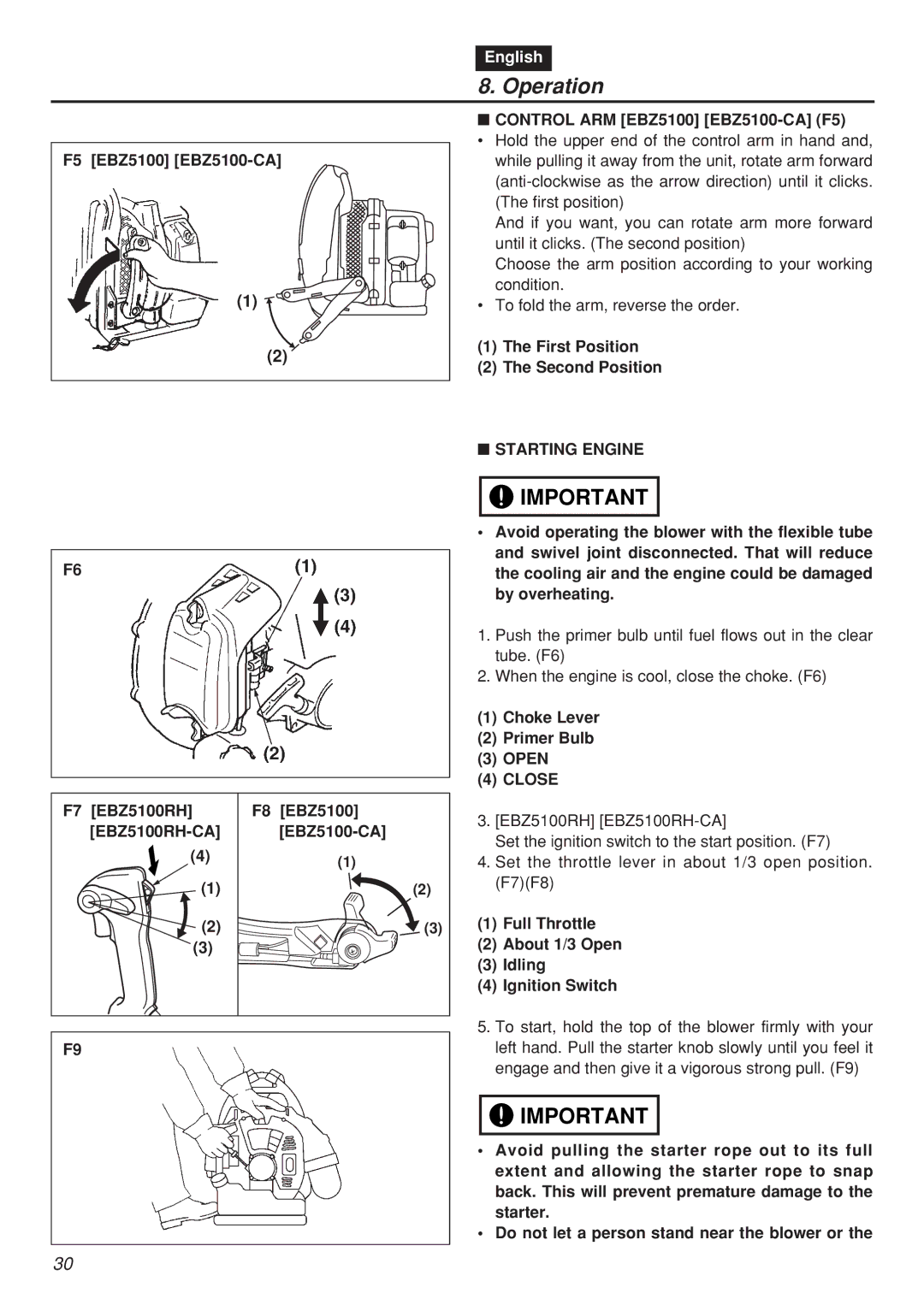 Zenoah EBZ100RH, EBZ100-CA manual Operation, Starting Engine, Close 