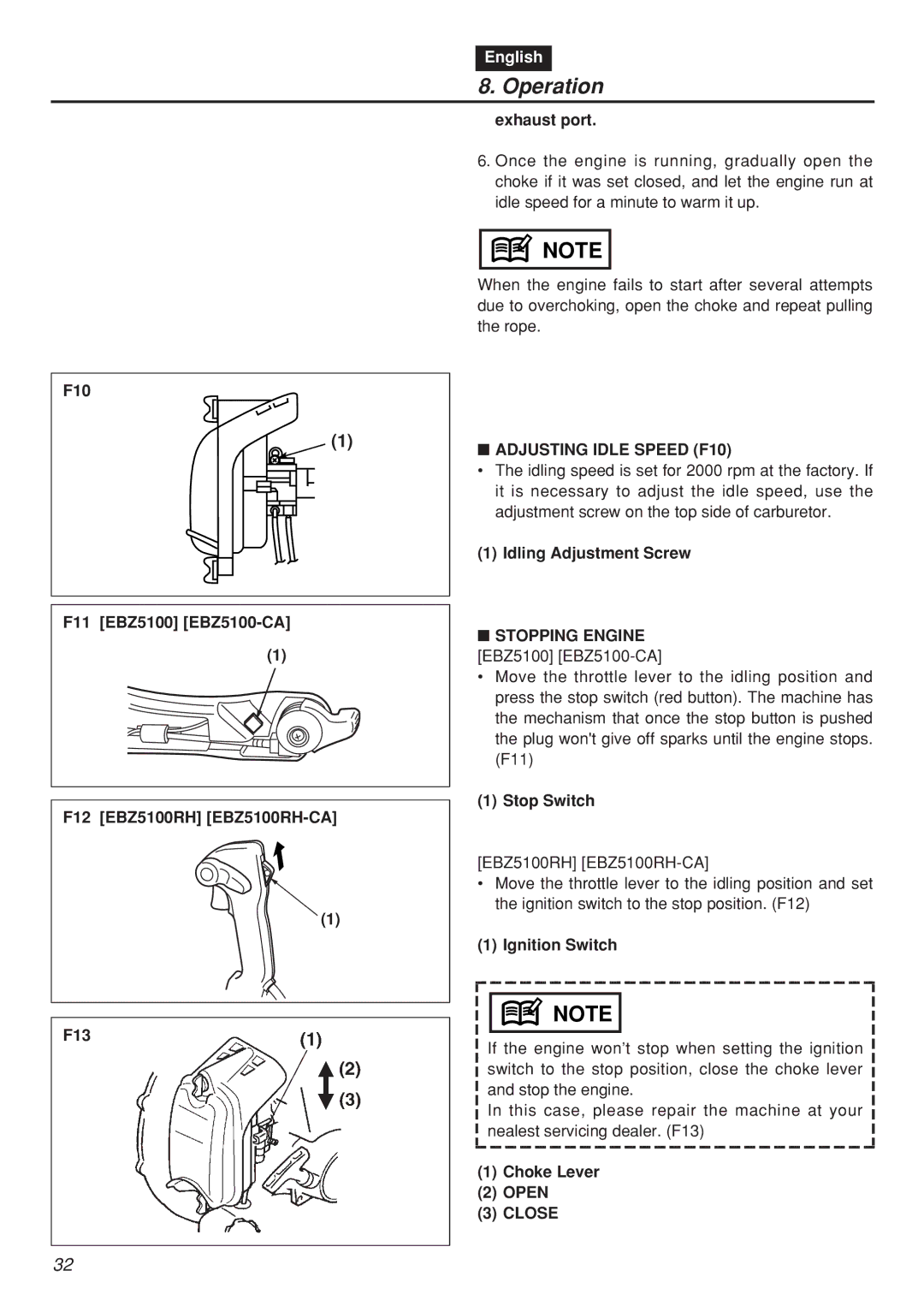 Zenoah EBZ100RH manual Adjusting Idle Speed F10, Idling Adjustment Screw, Stopping Engine, Stop Switch, Choke Lever Open 