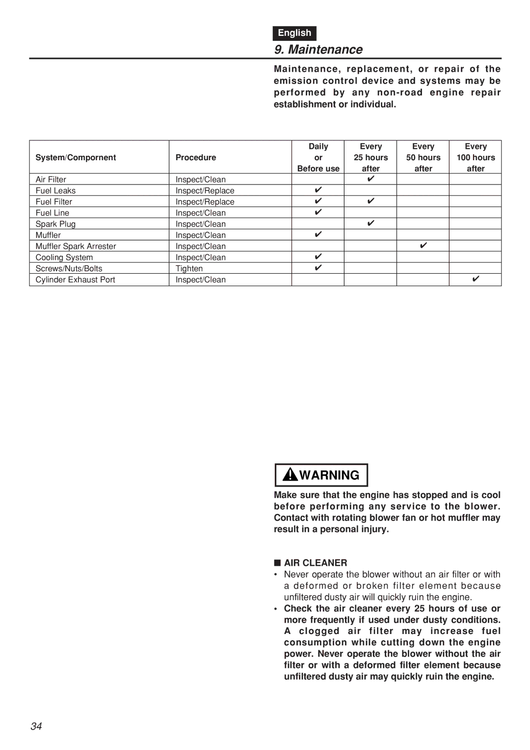 Zenoah EBZ100RH, EBZ100-CA manual Maintenance, AIR Cleaner 