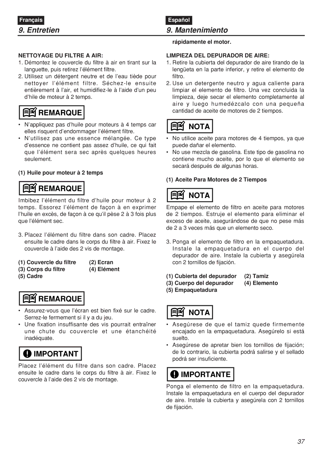 Zenoah EBZ100-CA, EBZ100RH manual Nettoyage DU Filtre a AIR, Huile pour moteur à 2 temps, Limpieza DEL Depurador DE Aire 