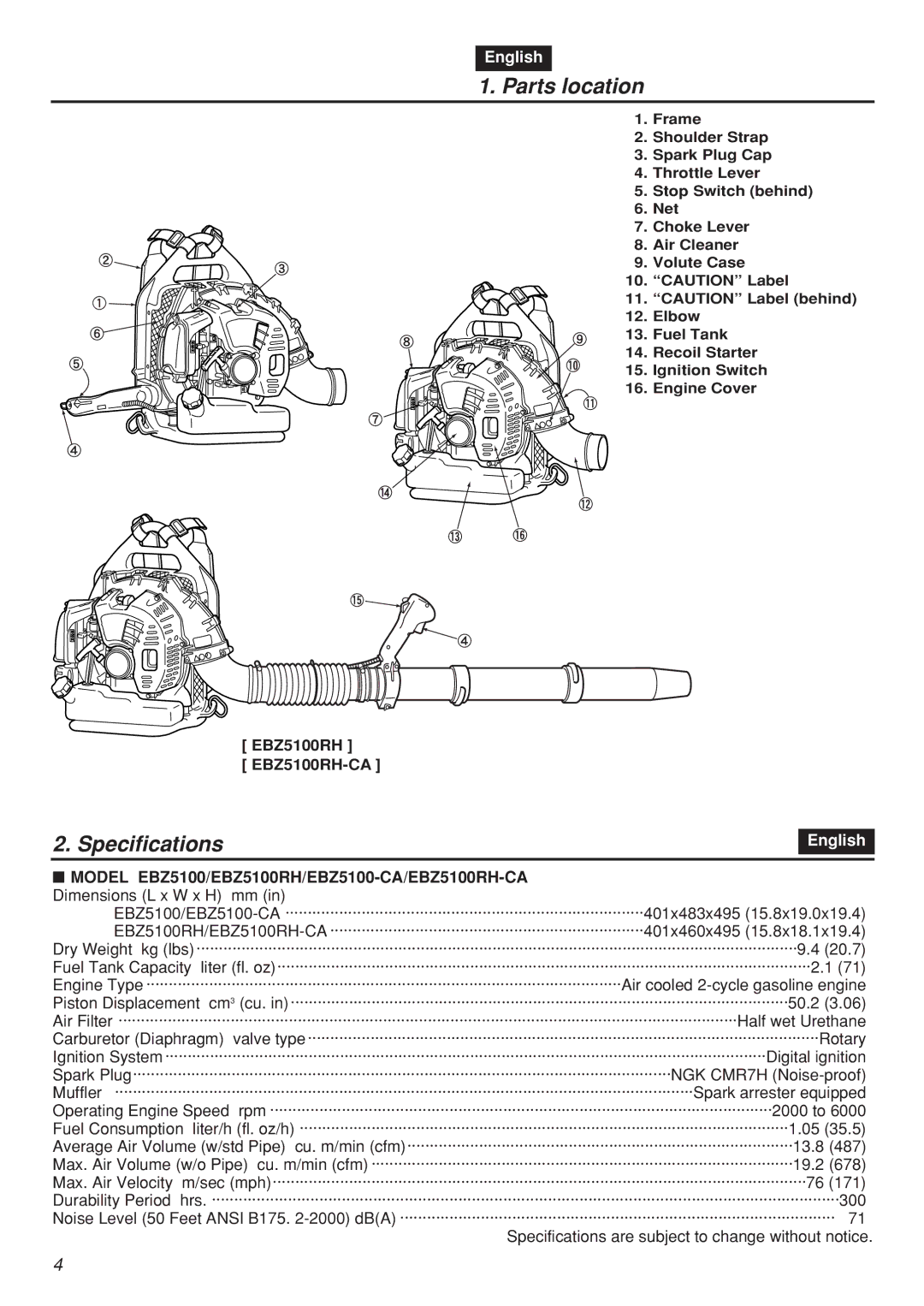 Zenoah EBZ100RH, EBZ100-CA manual Parts location, Specifications 