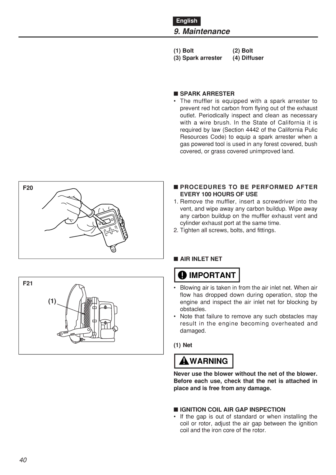 Zenoah EBZ100RH, EBZ100-CA manual Spark Arrester, Procedures to be Performed After Every 100 Hours of USE, AIR Inlet NET 