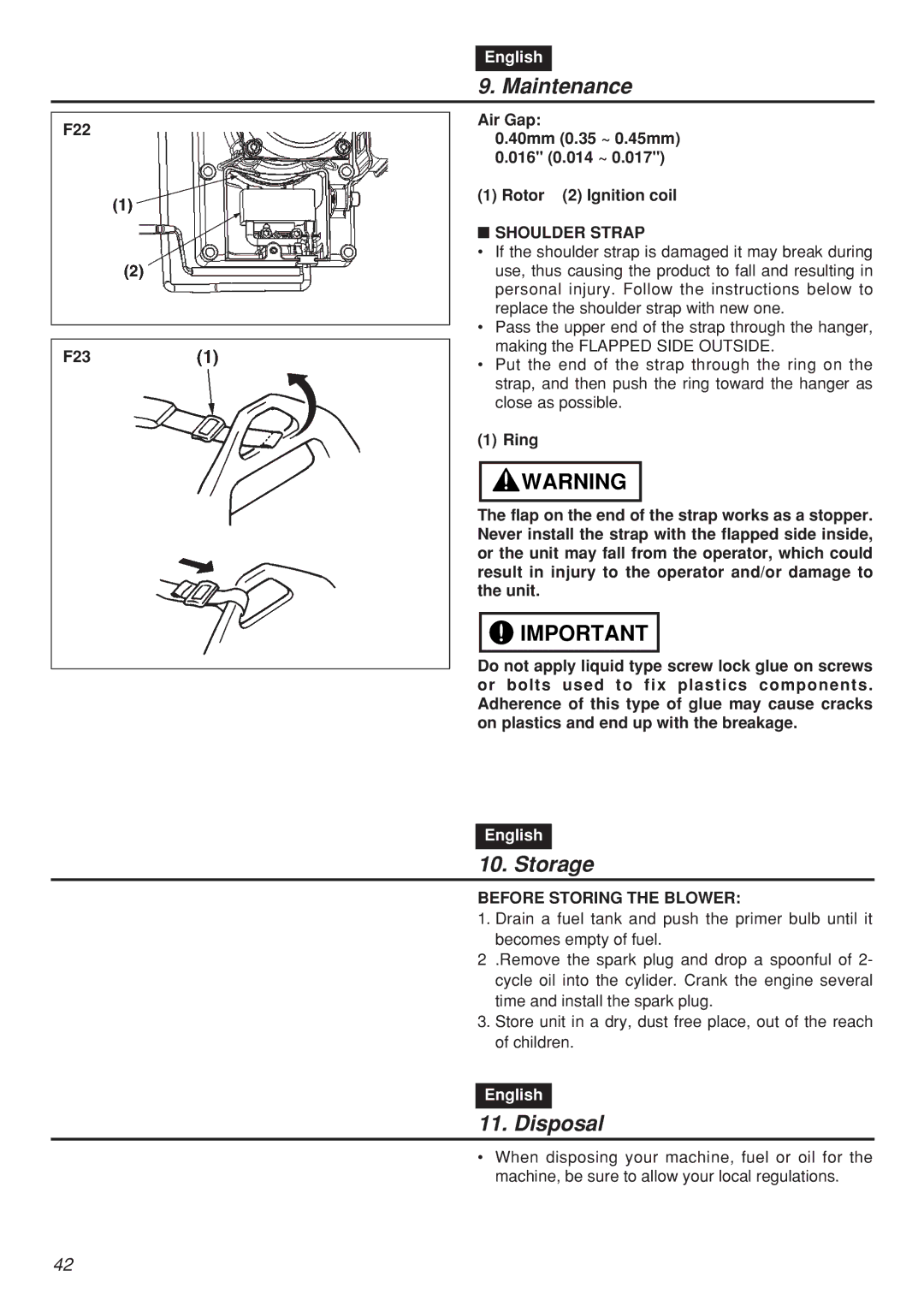 Zenoah EBZ100RH, EBZ100-CA manual Storage, Disposal, F22 F23, Shoulder Strap, Before Storing the Blower 