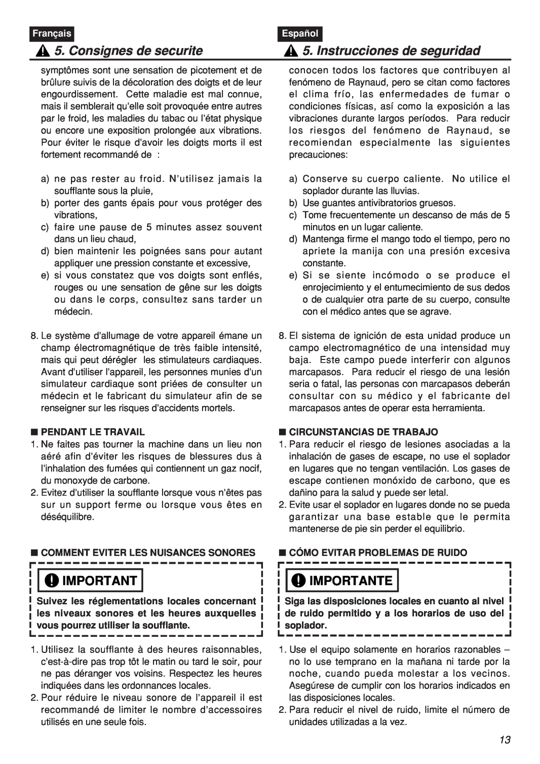 Zenoah EBZ100-CA, EBZ100RH manual Consignes de securite, Instrucciones de seguridad, Importante, Français, Español 