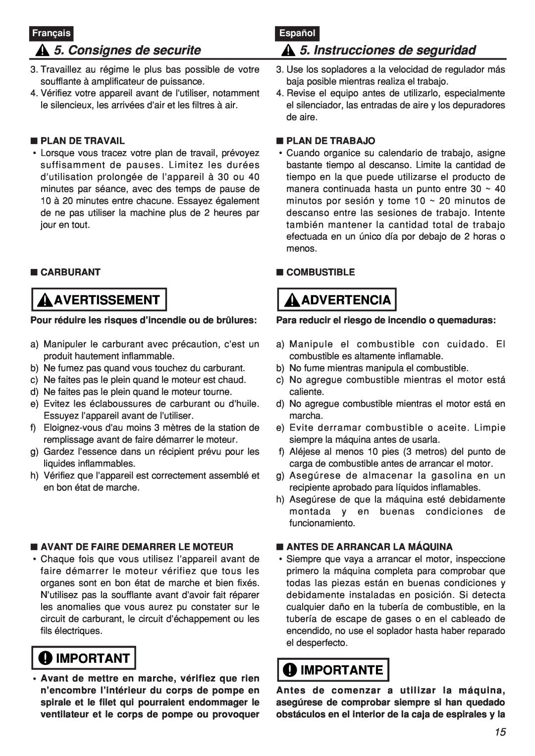 Zenoah EBZ100-CA manual Consignes de securite, Instrucciones de seguridad, Avertissement, Advertencia, Importante, Français 