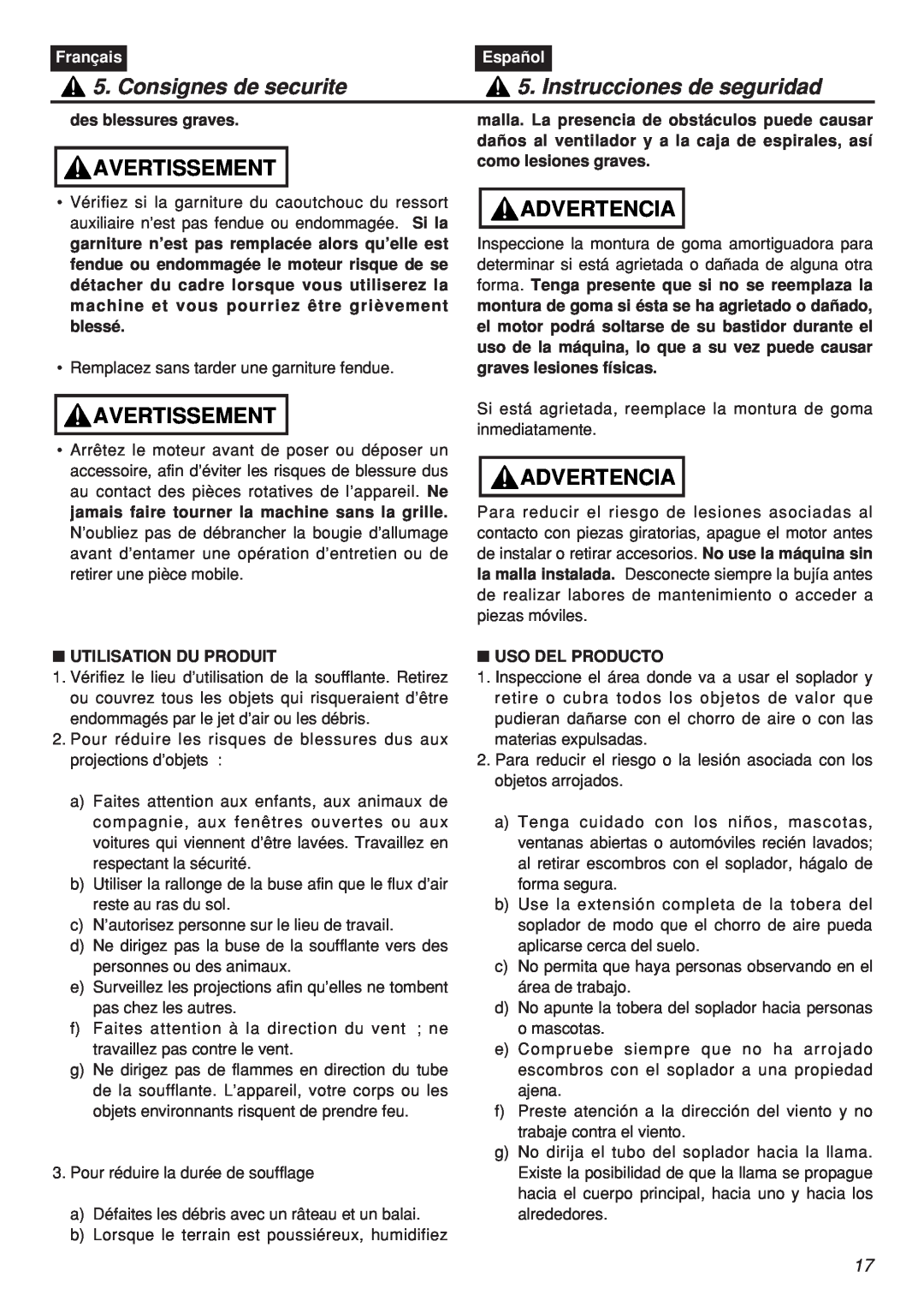 Zenoah EBZ100-CA manual Consignes de securite, Instrucciones de seguridad, Avertissement, Advertencia, Français, Español 