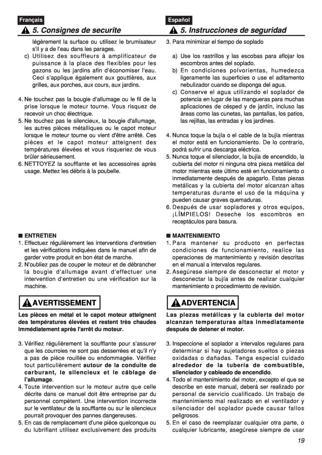 Zenoah EBZ100-CA manual Consignes de securite, Instrucciones de seguridad, Avertissement, Advertencia, Français, Español 
