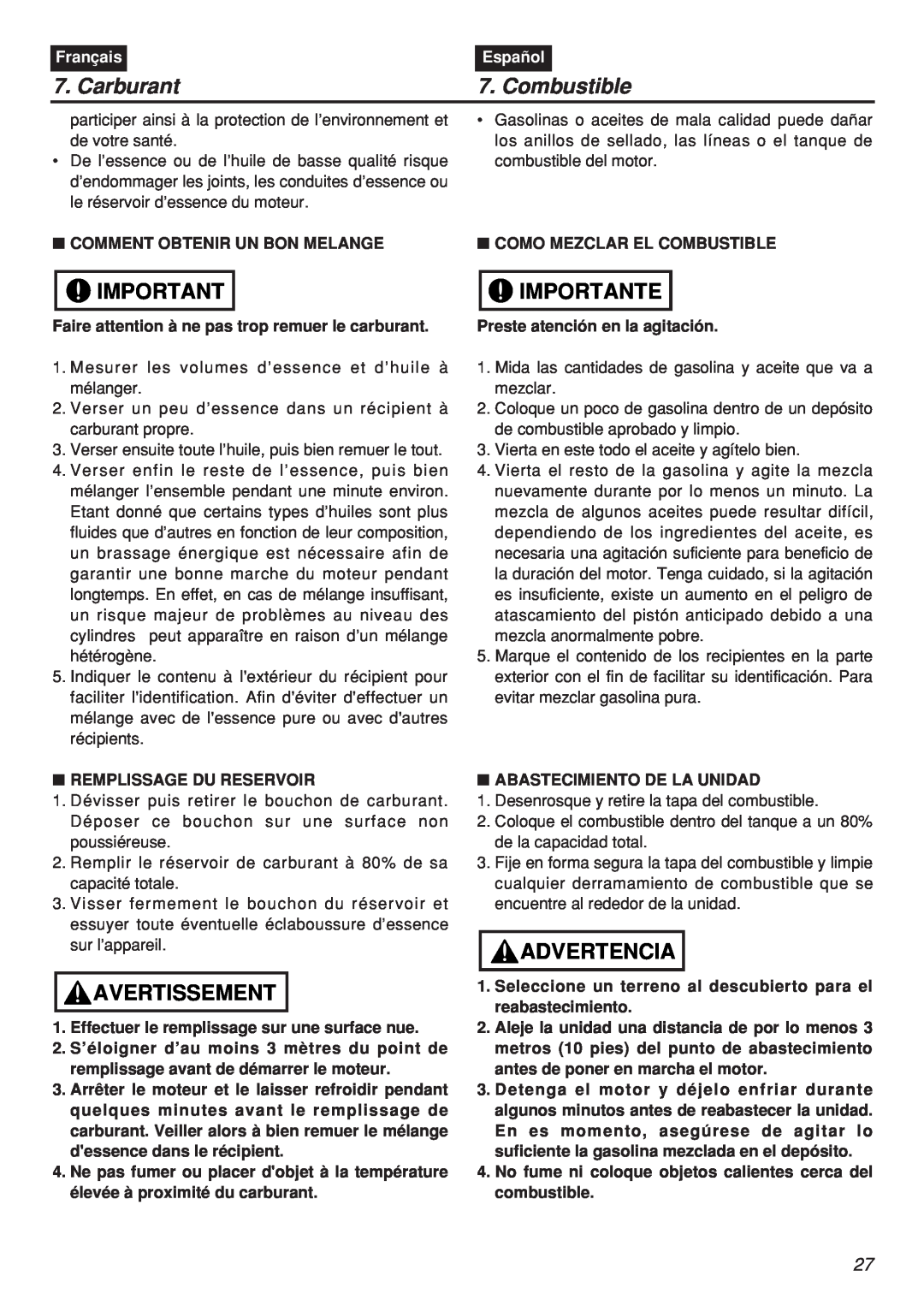 Zenoah EBZ100-CA, EBZ100RH manual Carburant, Combustible, Importante, Avertissement, Advertencia, Français, Español 