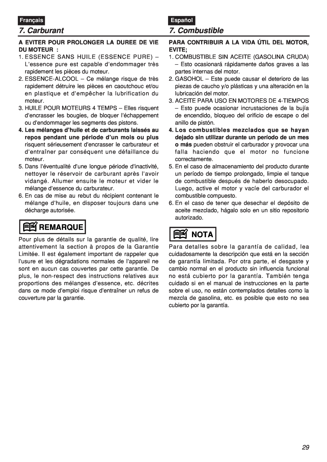 Zenoah EBZ100-CA, EBZ100RH manual Carburant, Combustible, Remarque, Nota, Français, Español 