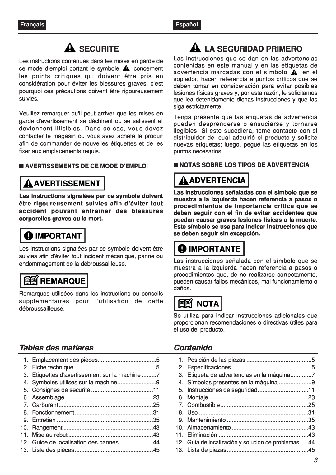 Zenoah EBZ100-CA manual Securite, Avertissement, Remarque, La Seguridad Primero, Advertencia, Importante, Nota, Contenido 