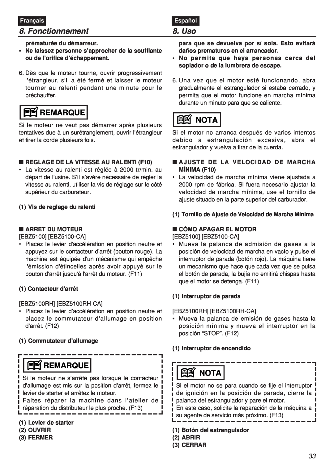 Zenoah EBZ100-CA, EBZ100RH manual Fonctionnement, Uso, Remarque, Nota, Français, Español 
